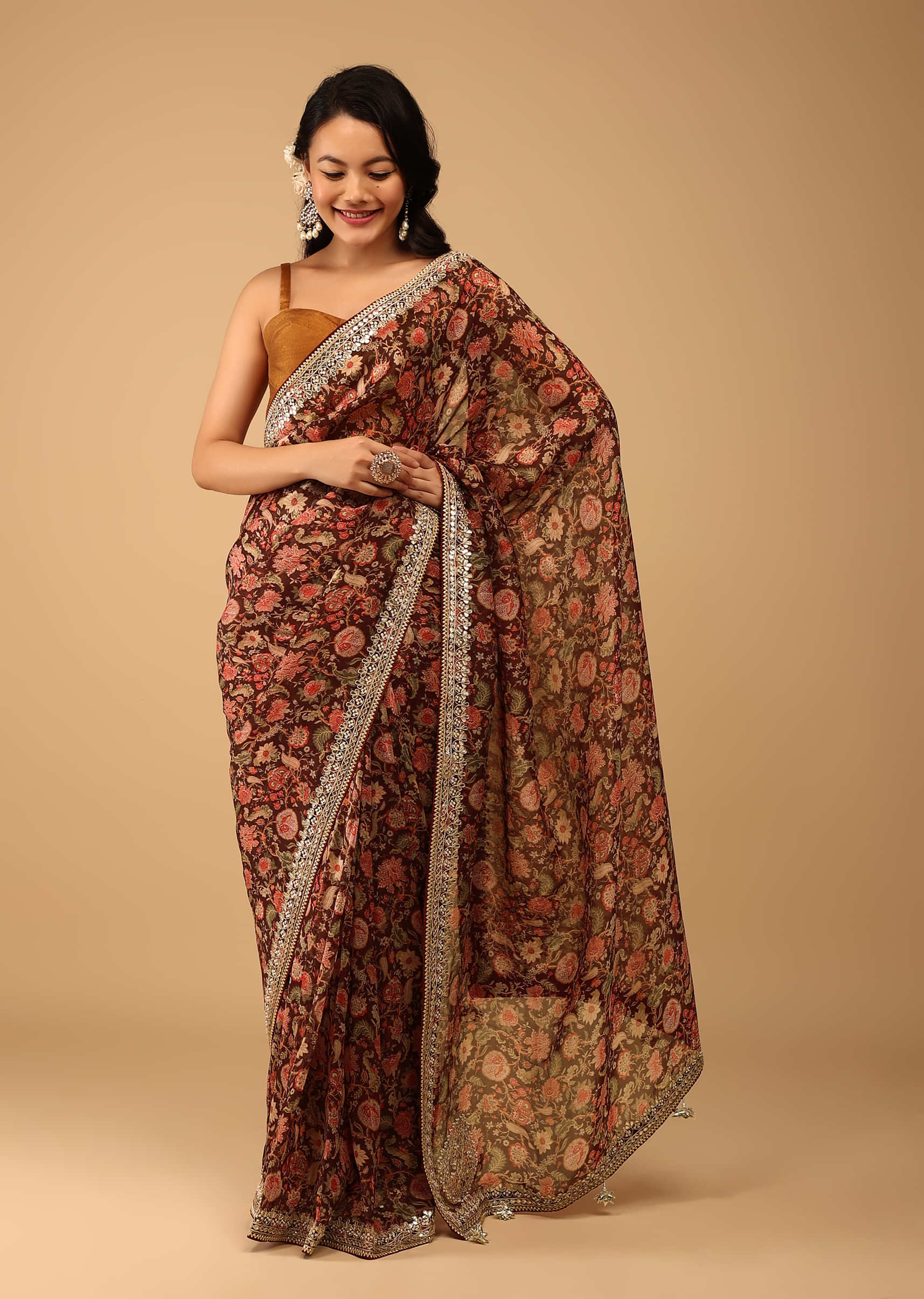 Kalki Oxblood Red Saree In Crepe With Floral Handblock Print And Embroidery