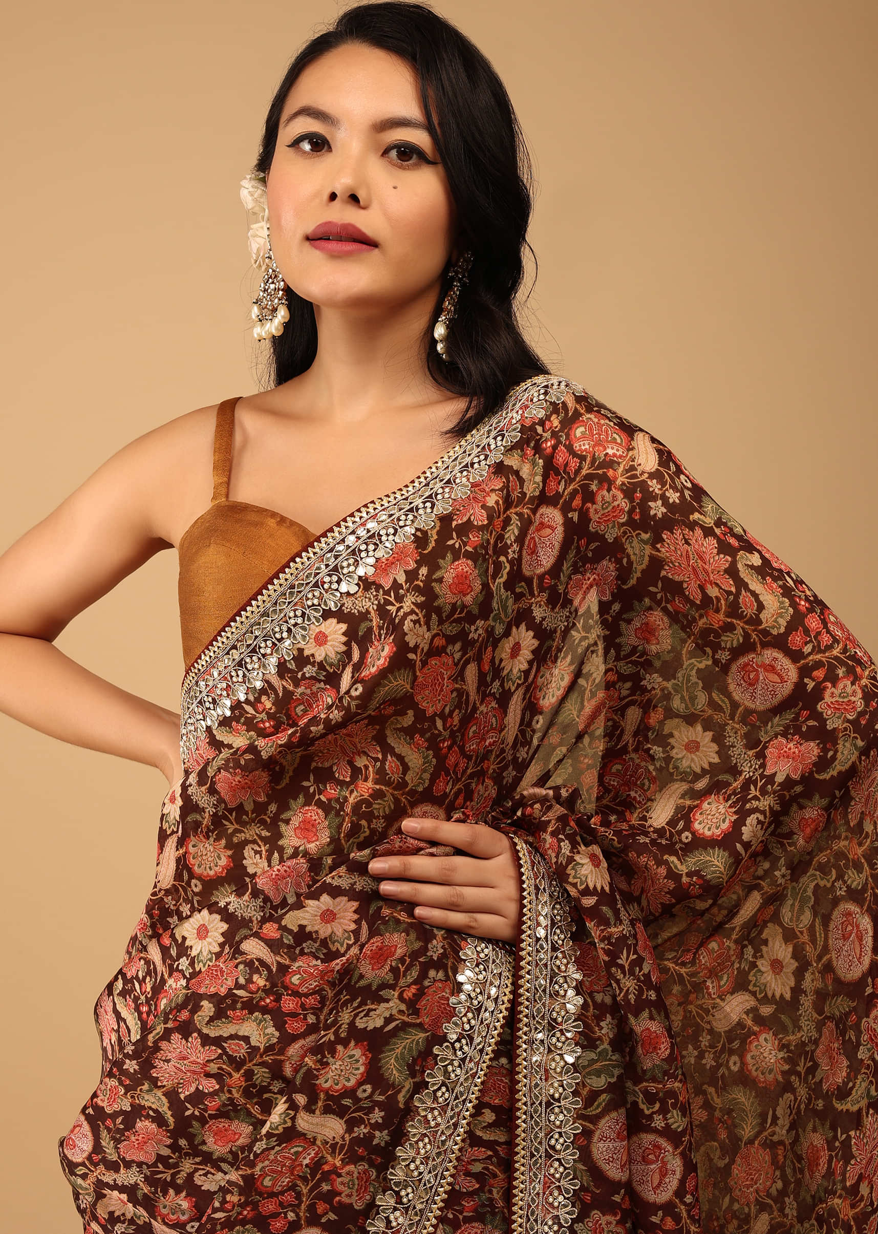 Brick Red Saree In Crepe With Floral Print And Embroidery