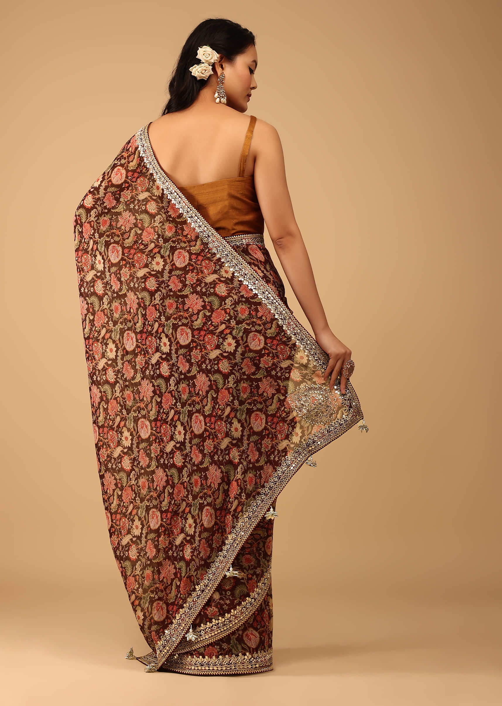 Brick Red Saree In Crepe With Floral Print And Embroidery