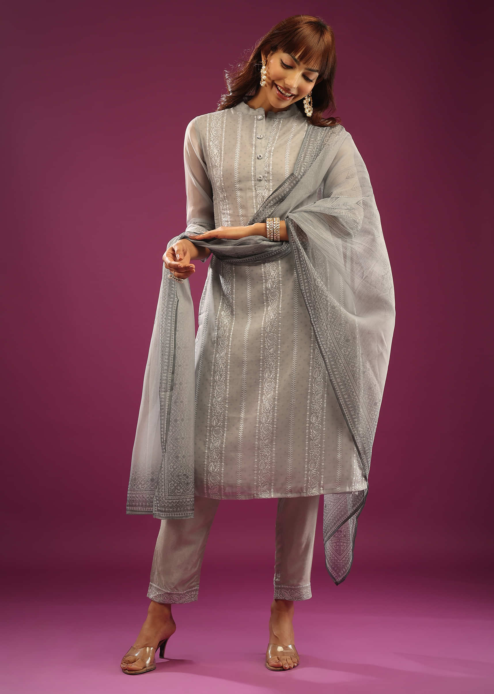 Kalki Paloma Grey Pant Suit In Organza With Embroidery