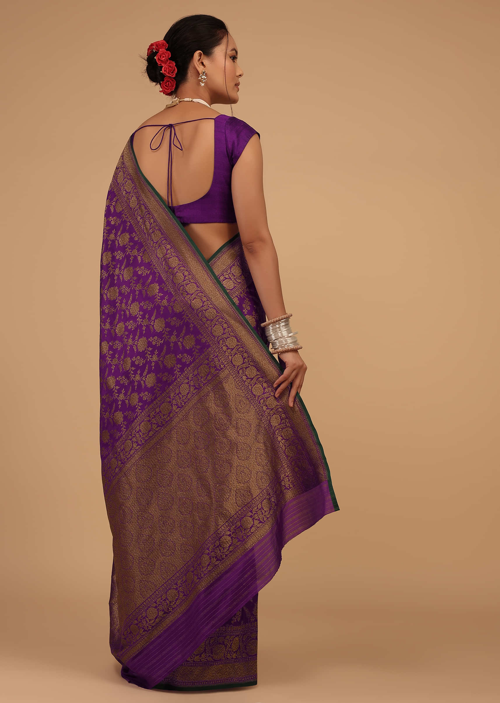 Grape Purple Saree In Pure Banarasi Silk With Upada Zari Weave In Floral Jaal Work