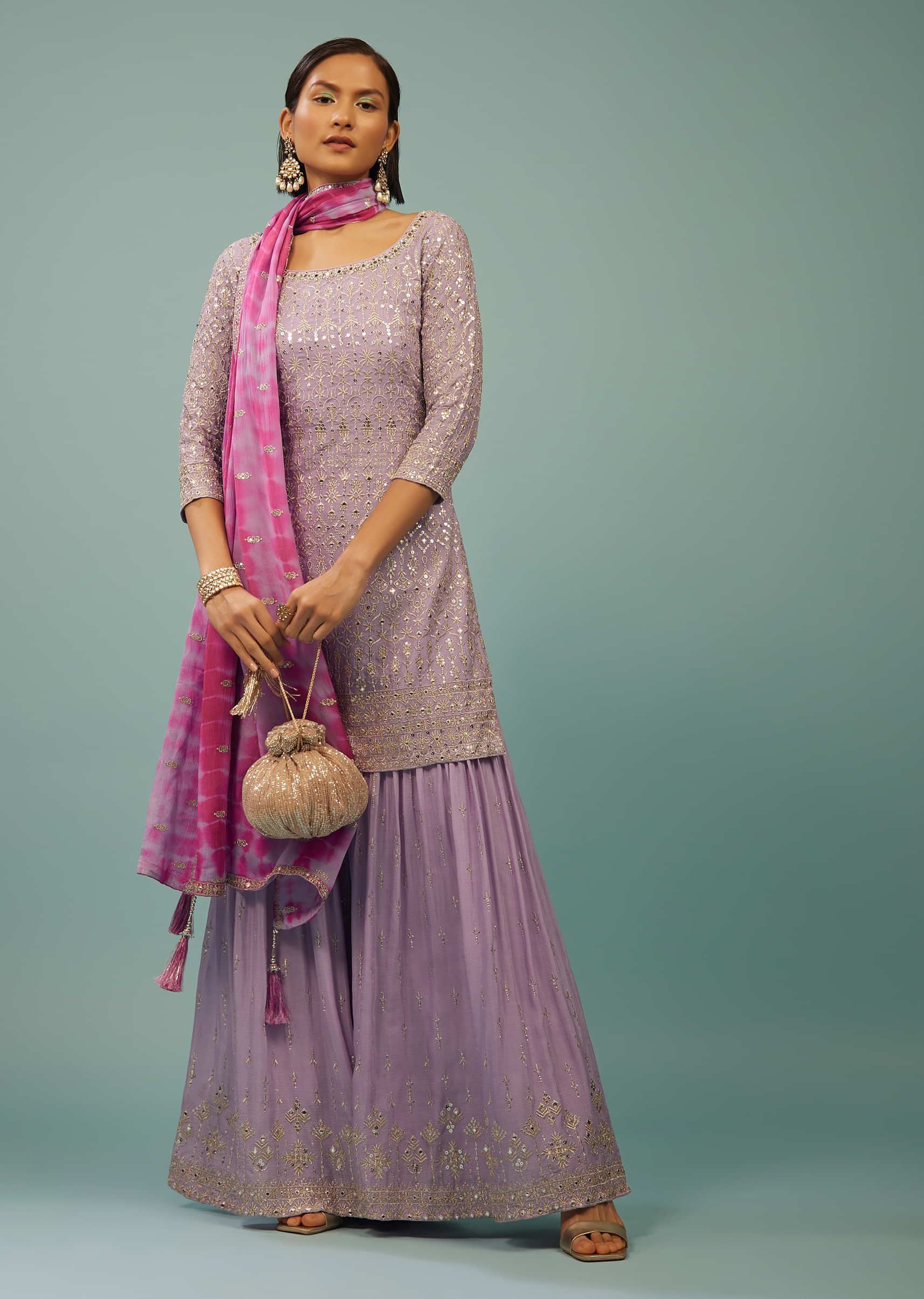 Kalki Pastel Lilac Purple Sharara Suit With Embroidery And Tie-Dye Dupatta