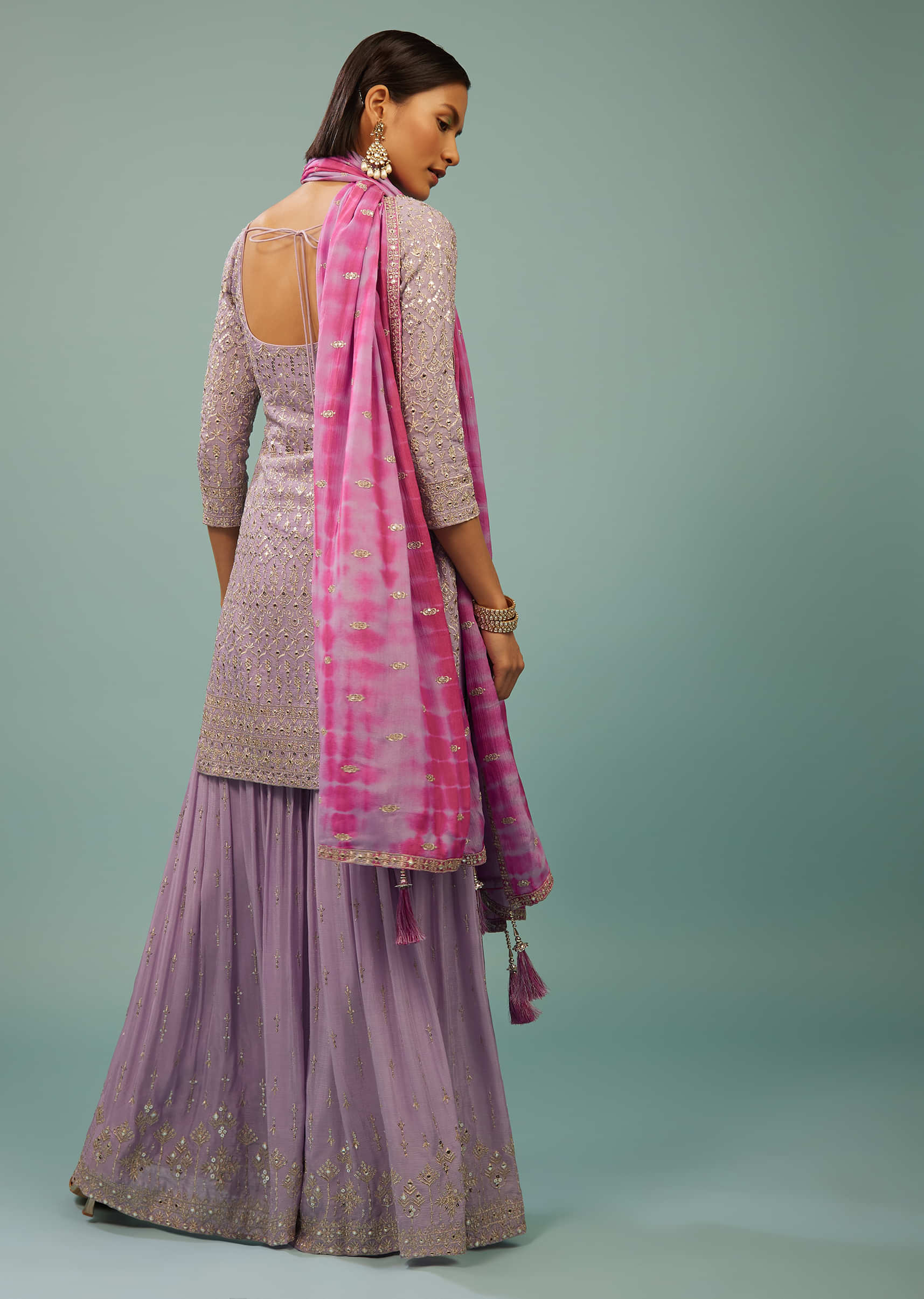 Lavender Purple Sharara Suit With Embroidery And Tie-Dye Dupatta