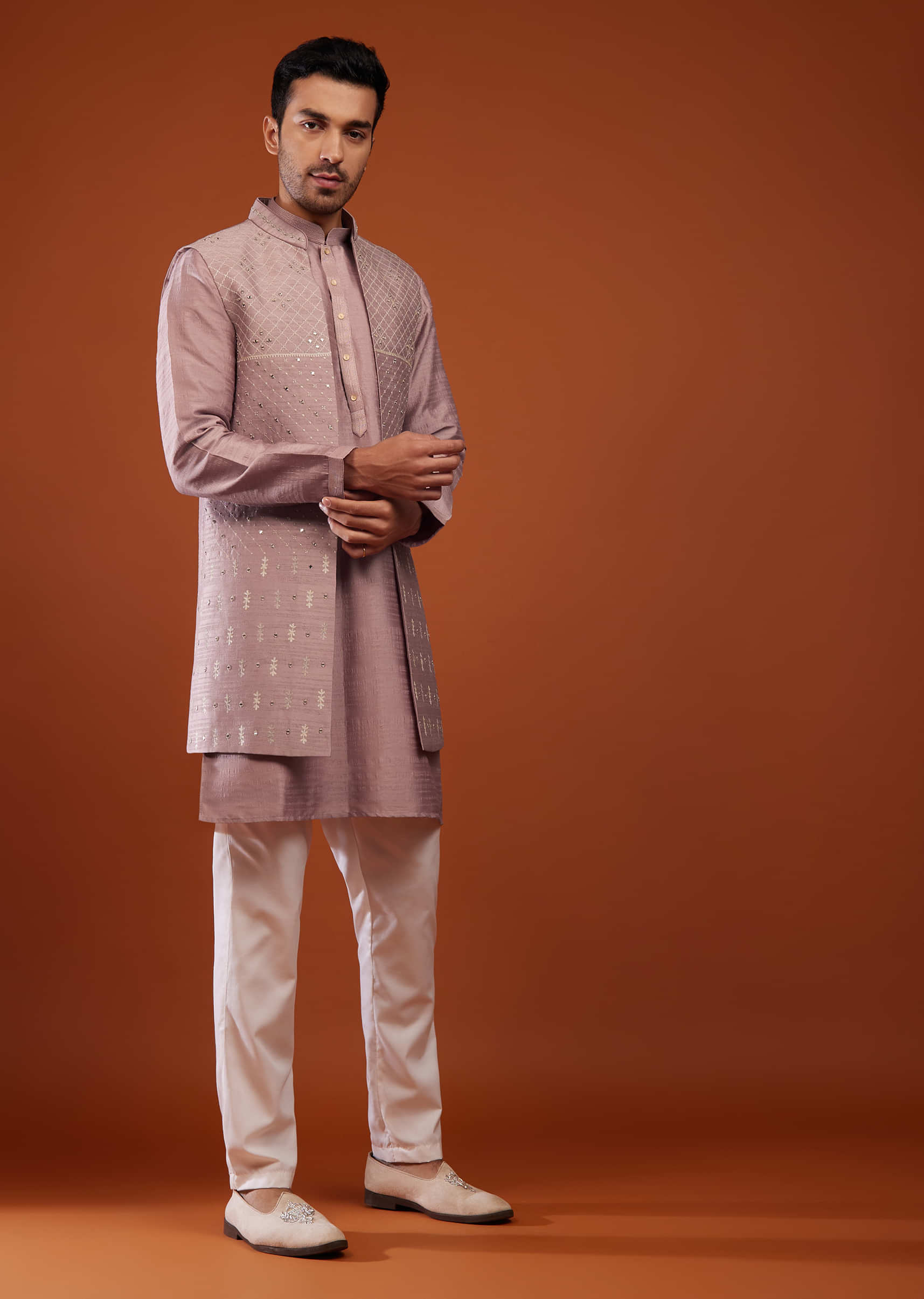 Dusty Pink Bandi Jacket Kurta Set In Cotton Silk With Embroidery