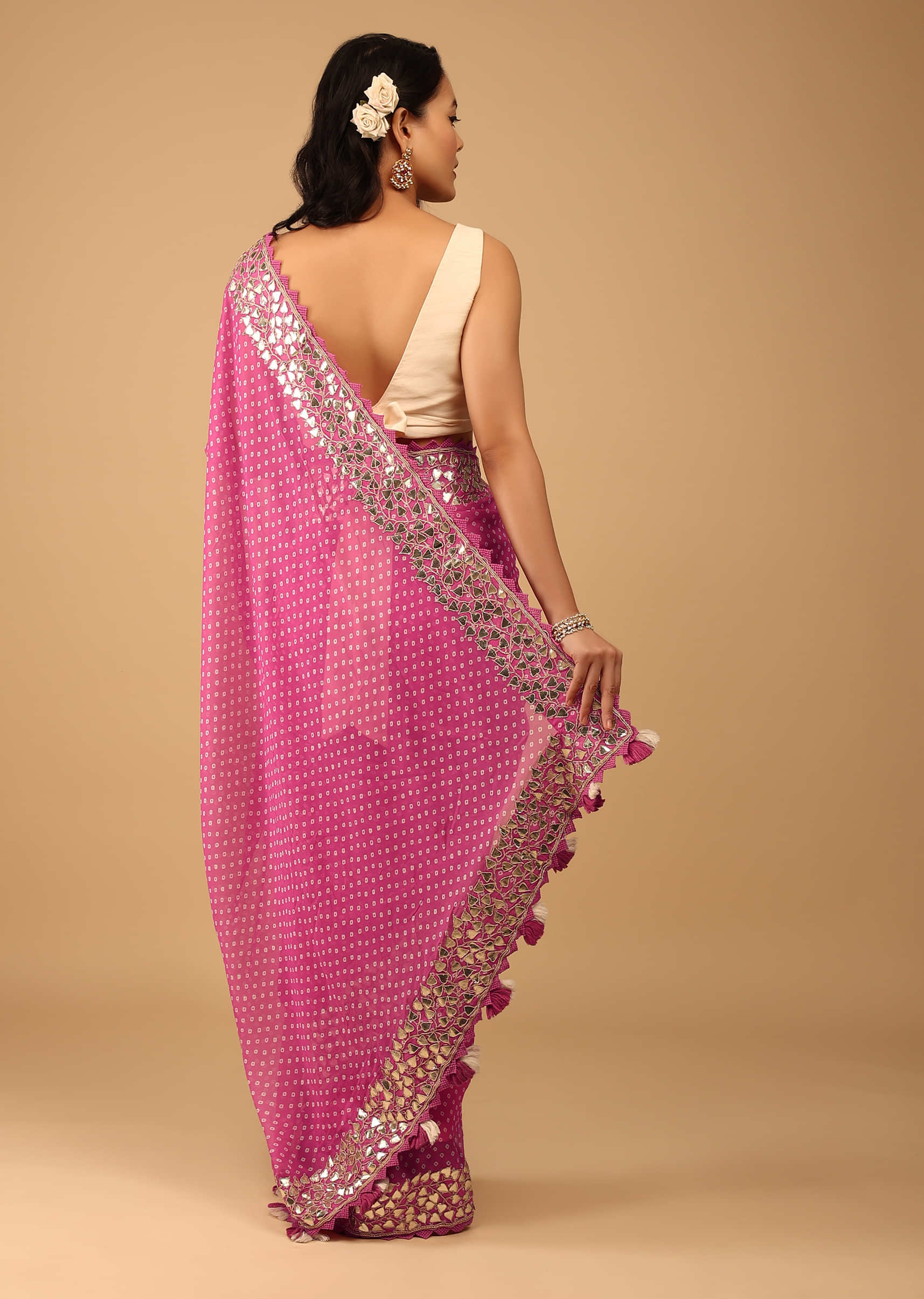 Azalea Pink Bandhani Saree In Georgette With Embroidery