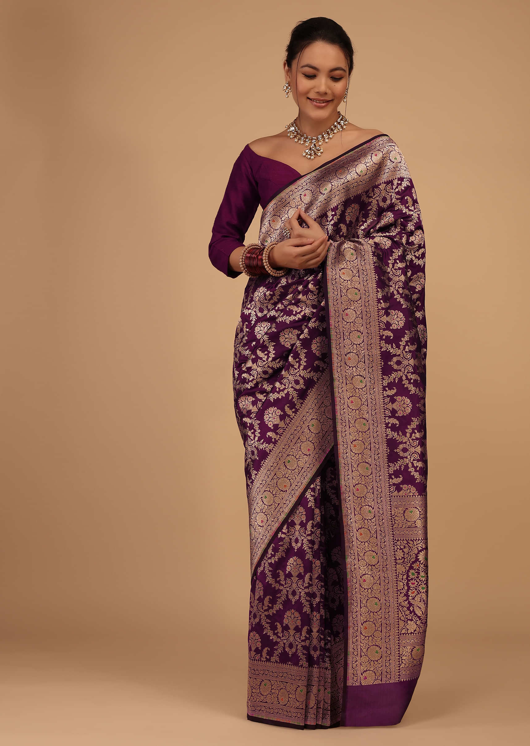 Buy Plum Purple Saree In Pure Banarasi Silk With Upada Zari Weave In ...