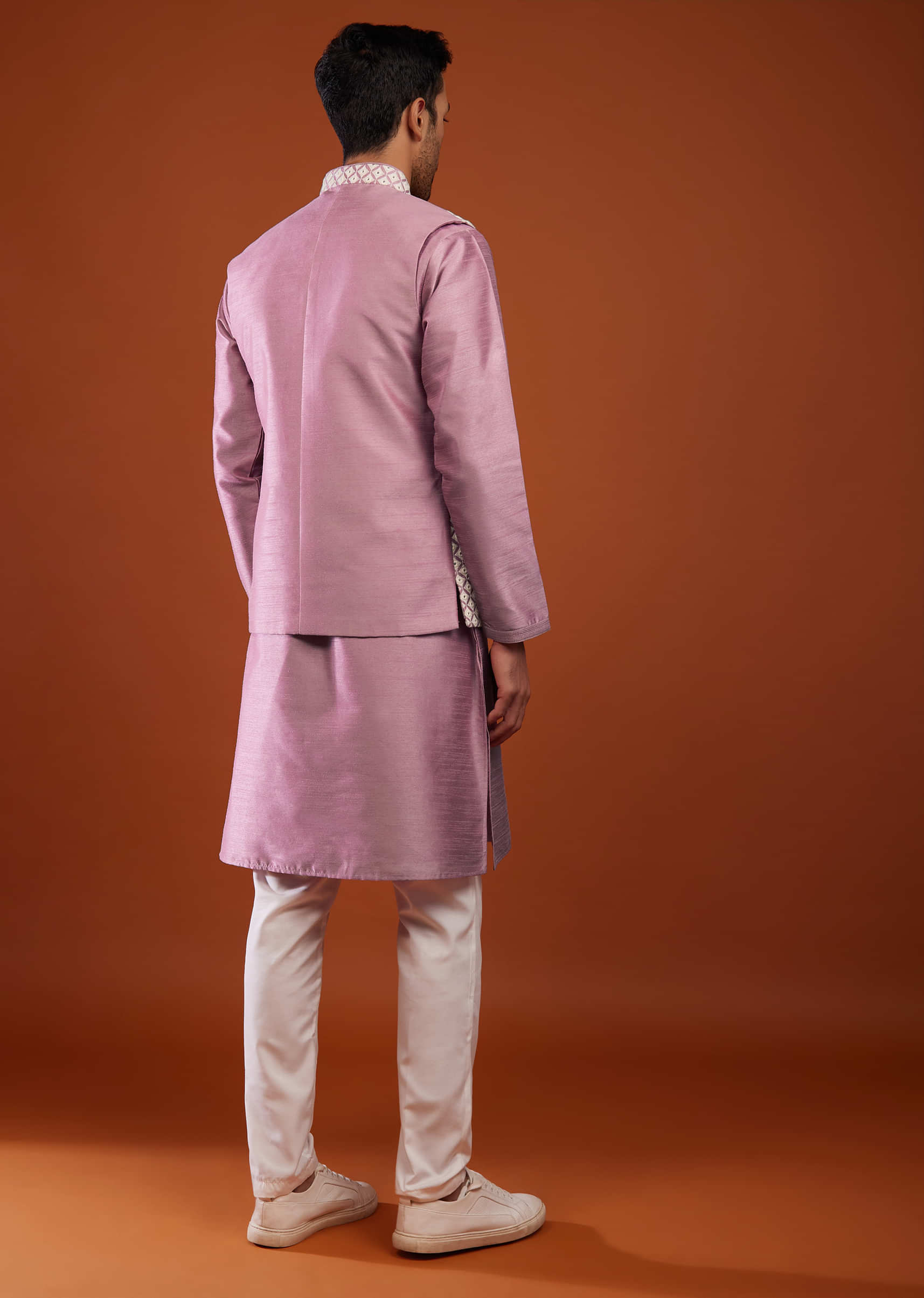 Rose Pink Bandi Jacket Kurta Set In Cotton Silk With Mirror Embroidery