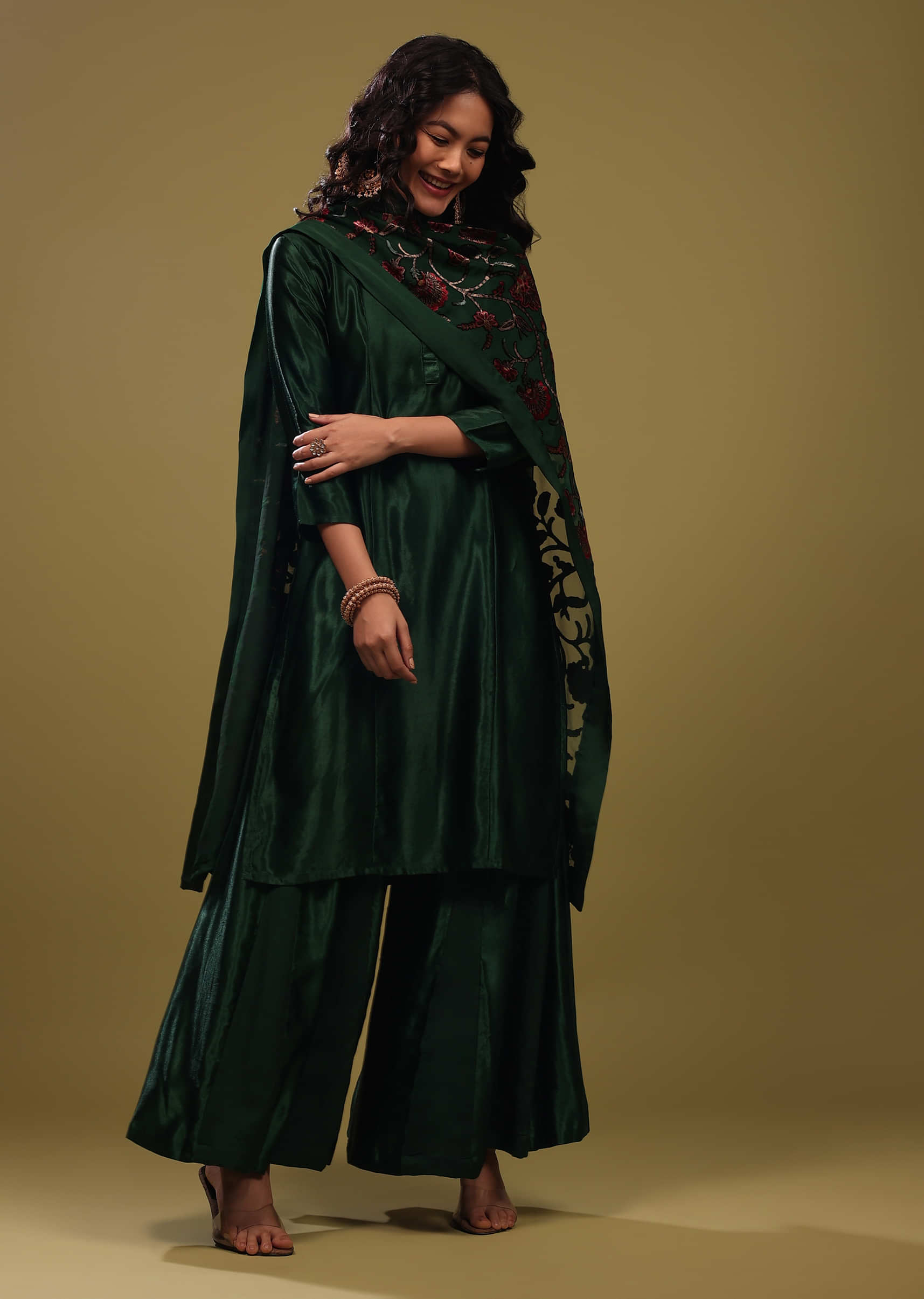 Kalki Posy Green Palazzo Suit In Gajji Silk With A Beautiful Velvet Floral Embroidered Dupatta