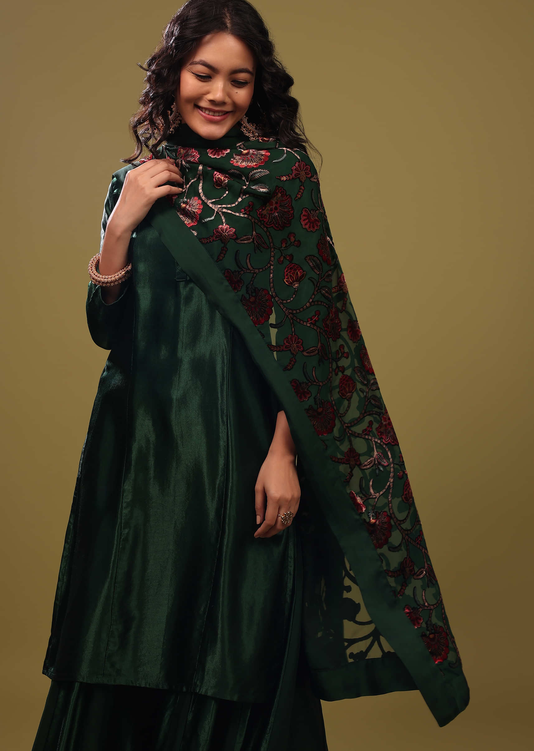 Deep Palazzo Suit In Gajji Silk With A Beautiful Velvet Floral Embroidered Dupatta