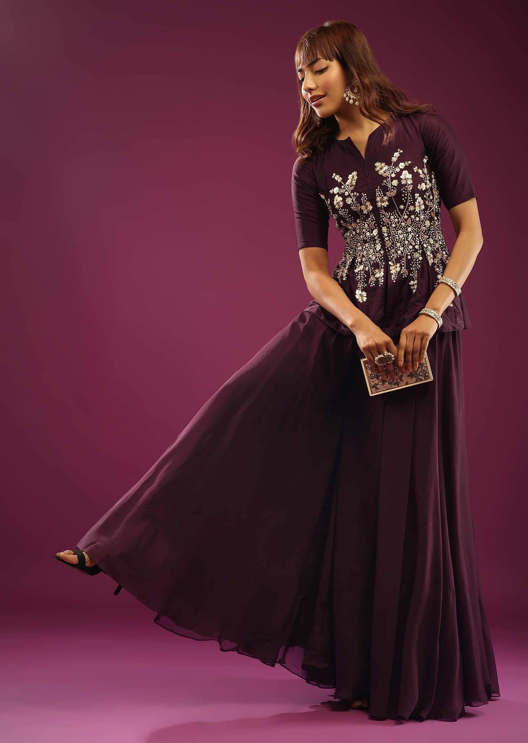 Kalki Potent Purple Palazzo Peplum Top In Silk & Organza With Embroidery
