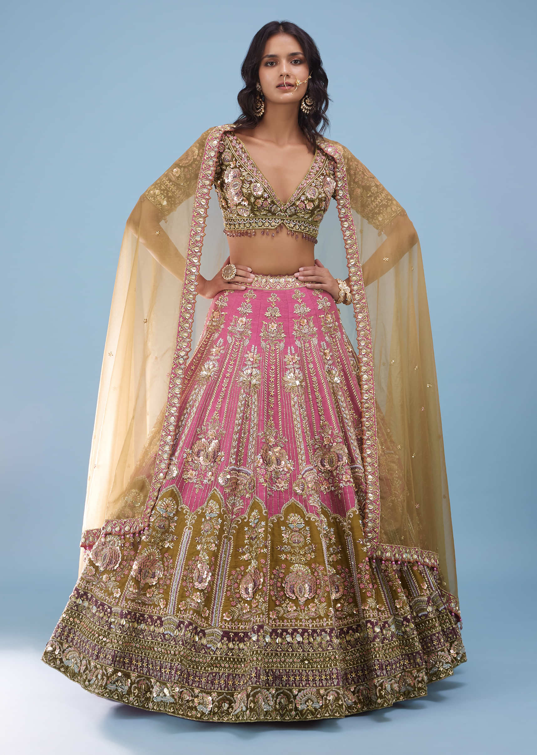 Raw Silk And Velvet Rose Pink Bridal Lehenga With Heavy Embroidery - NOOR 2022