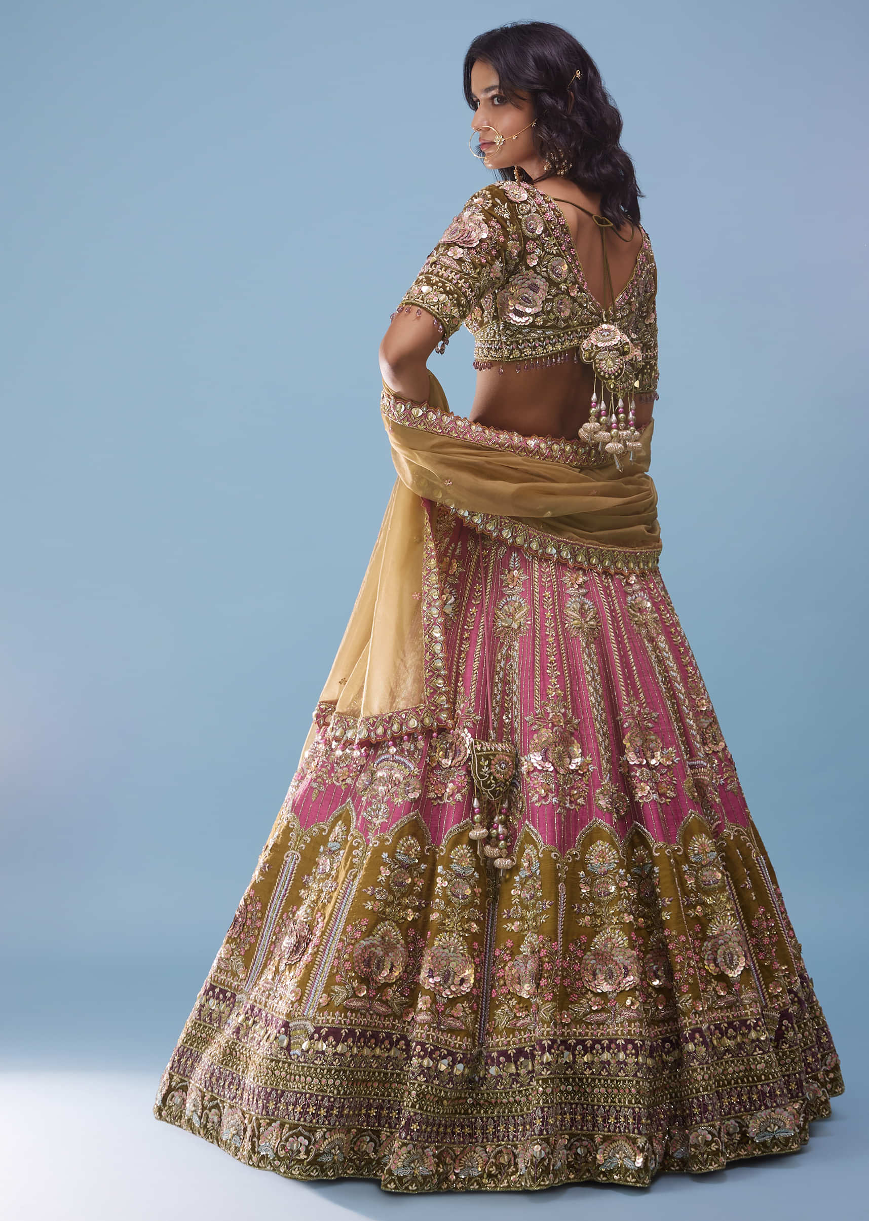 Rose Pink Bridal Lehenga In Raw Silk And Velvet With Heavy Embroidery - NOOR 2022