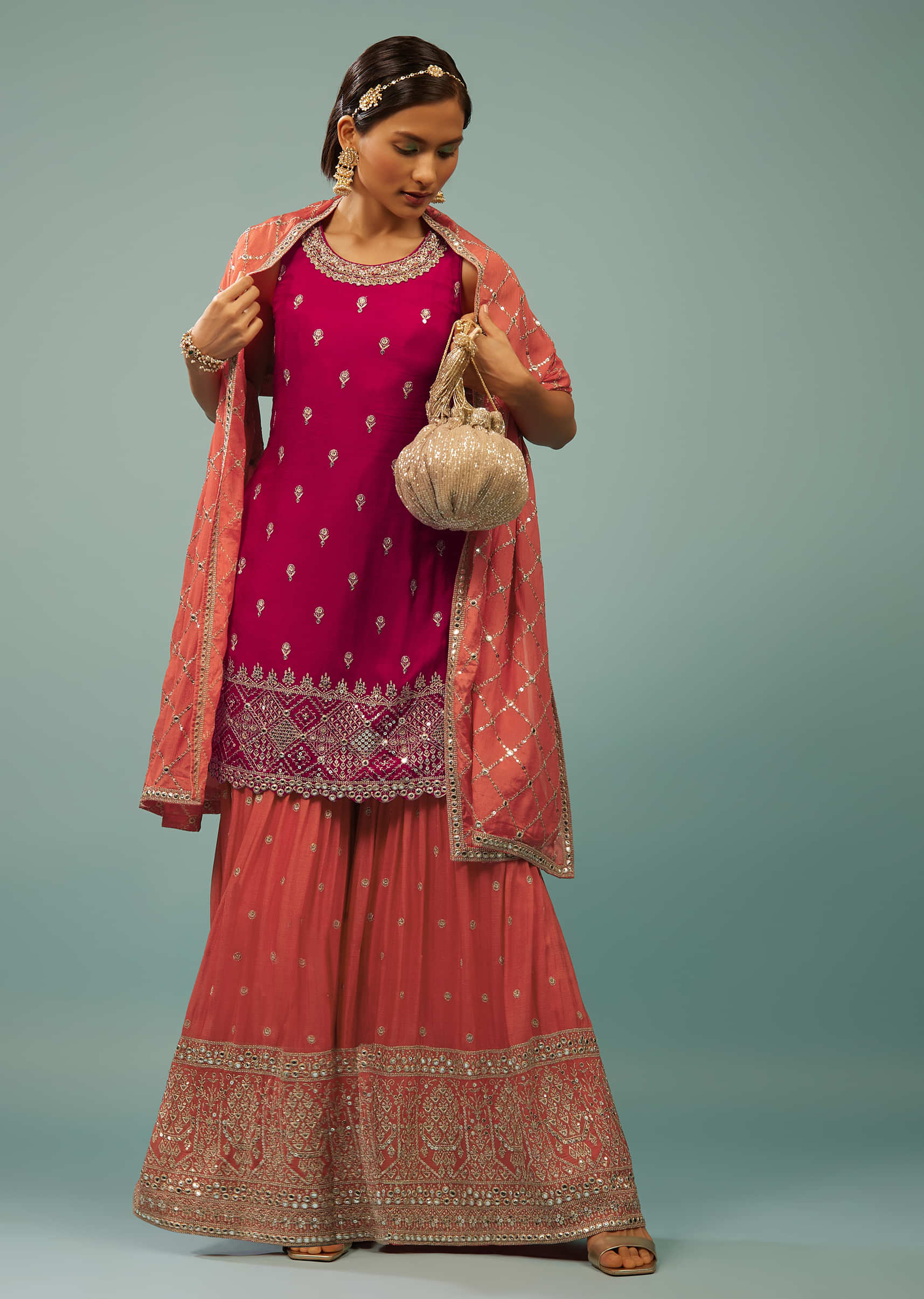 Hot Pink Sharara Suit With Embroidery