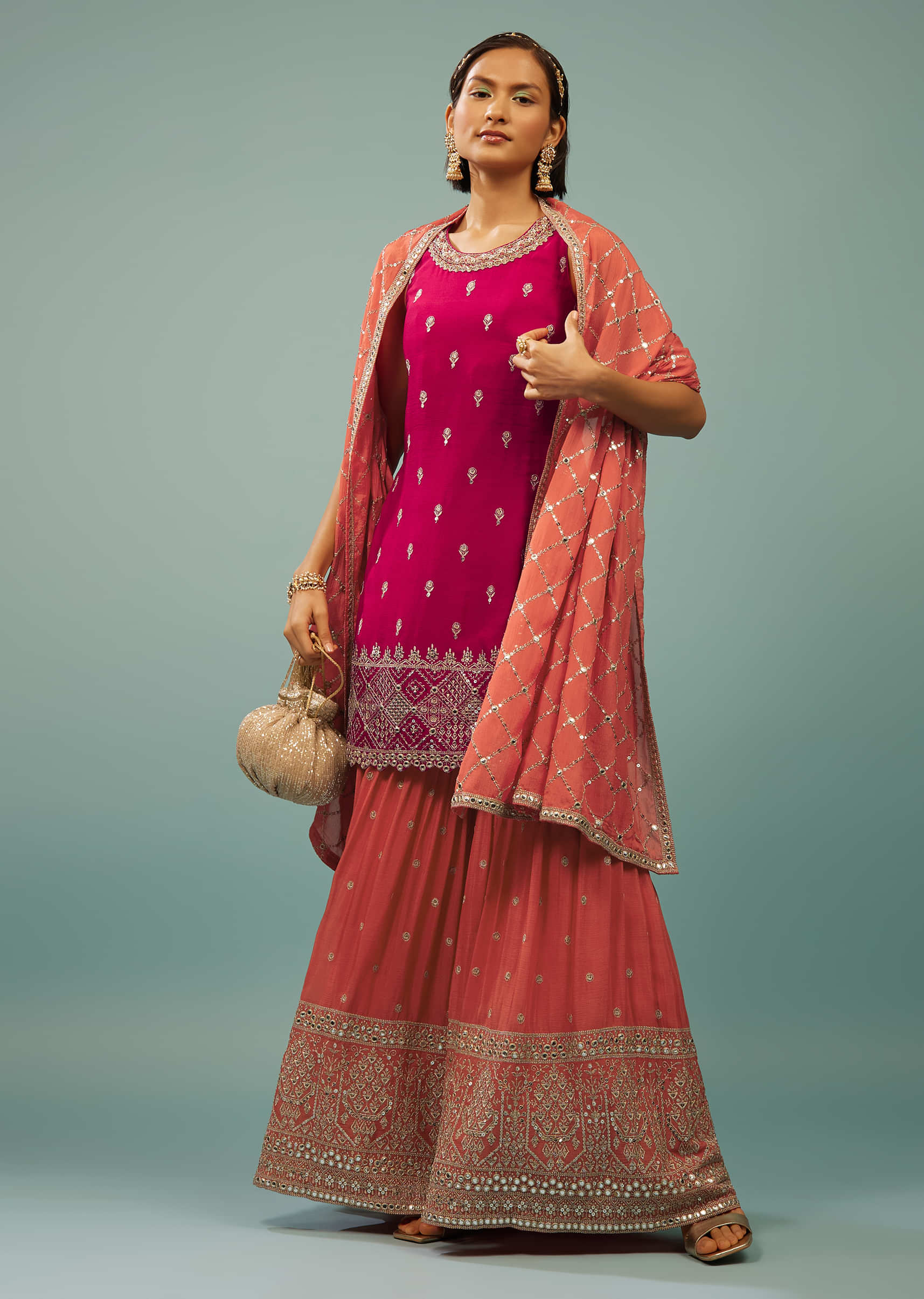 Hot Pink Sharara Suit With Embroidery