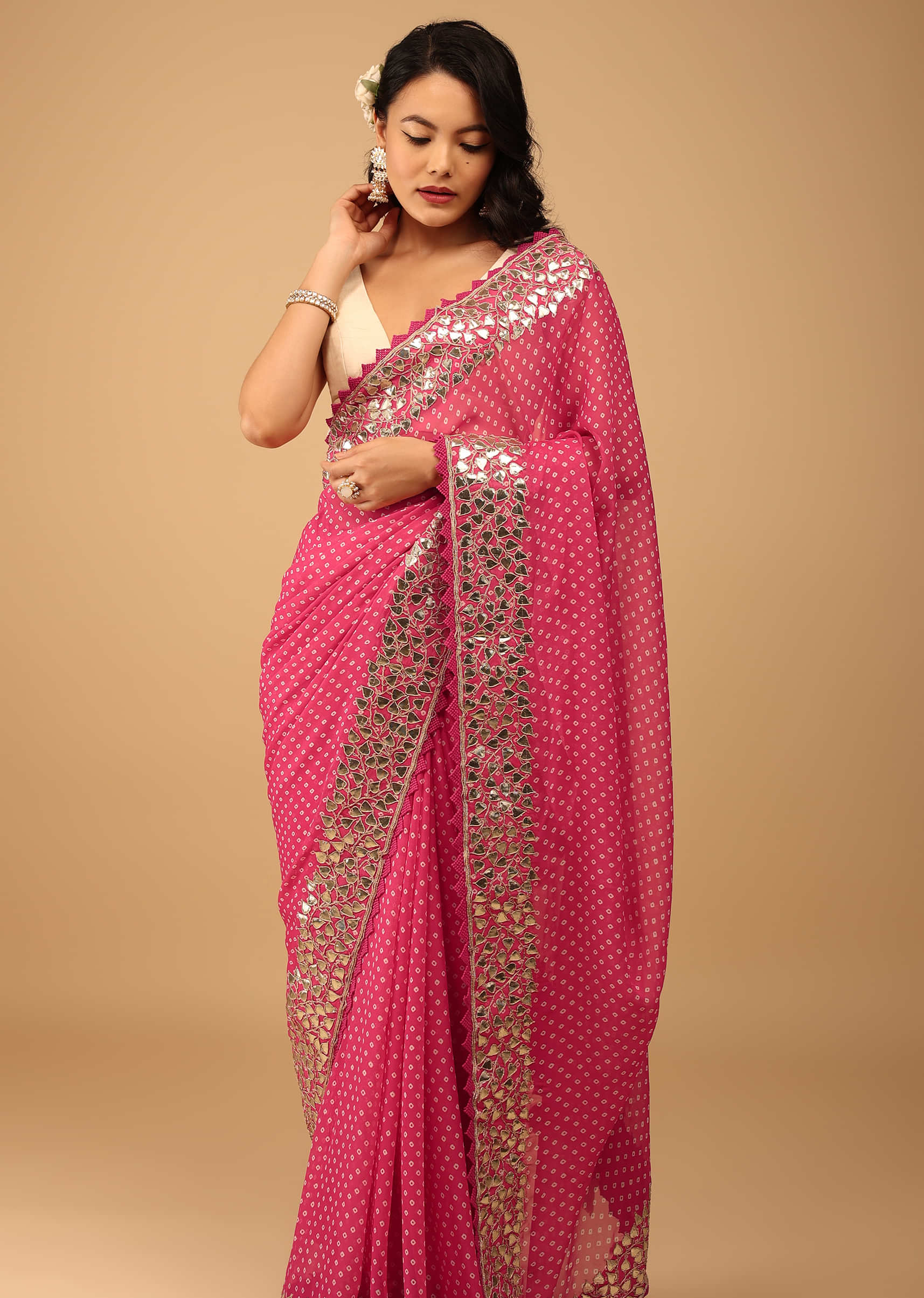 Raspberry Pink Bandhani Saree In Organza With Embroidery