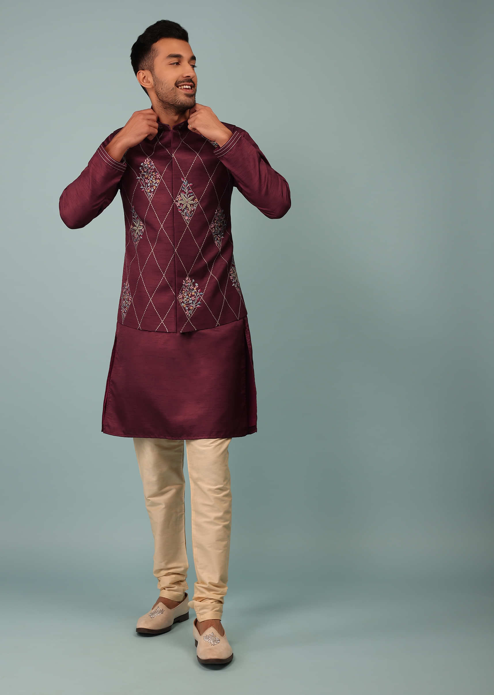 Kalki Ruby Wine Red Bandi Jacket Set In Raw Silk With Multicolor Floral Butti & Aari Embroidery