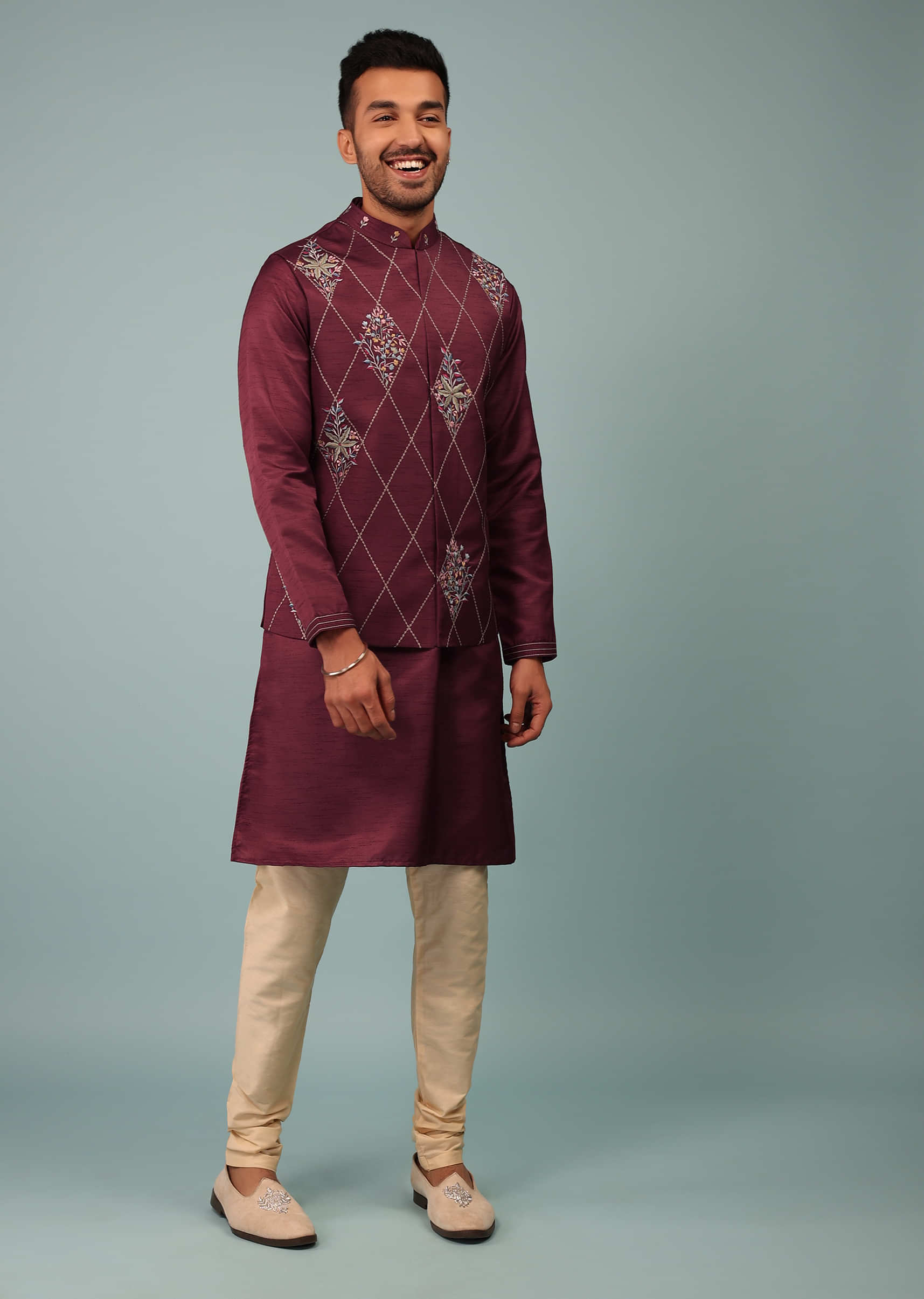 Burgundy Red Bandi Jacket Set In Raw Silk With Multicolor Floral Butti & Aari Embroidery