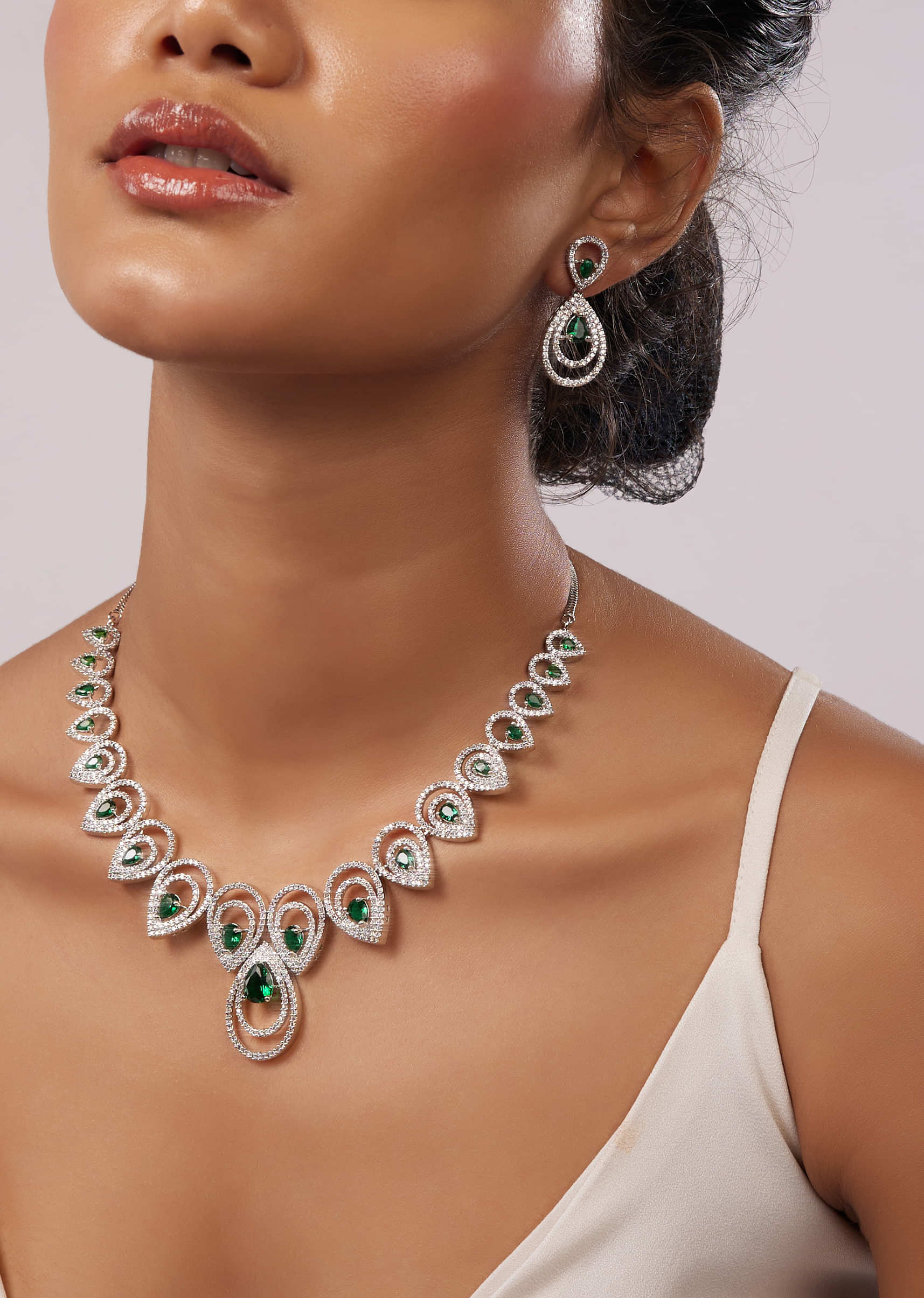 Silver Diamond Necklace Set With Green Stones