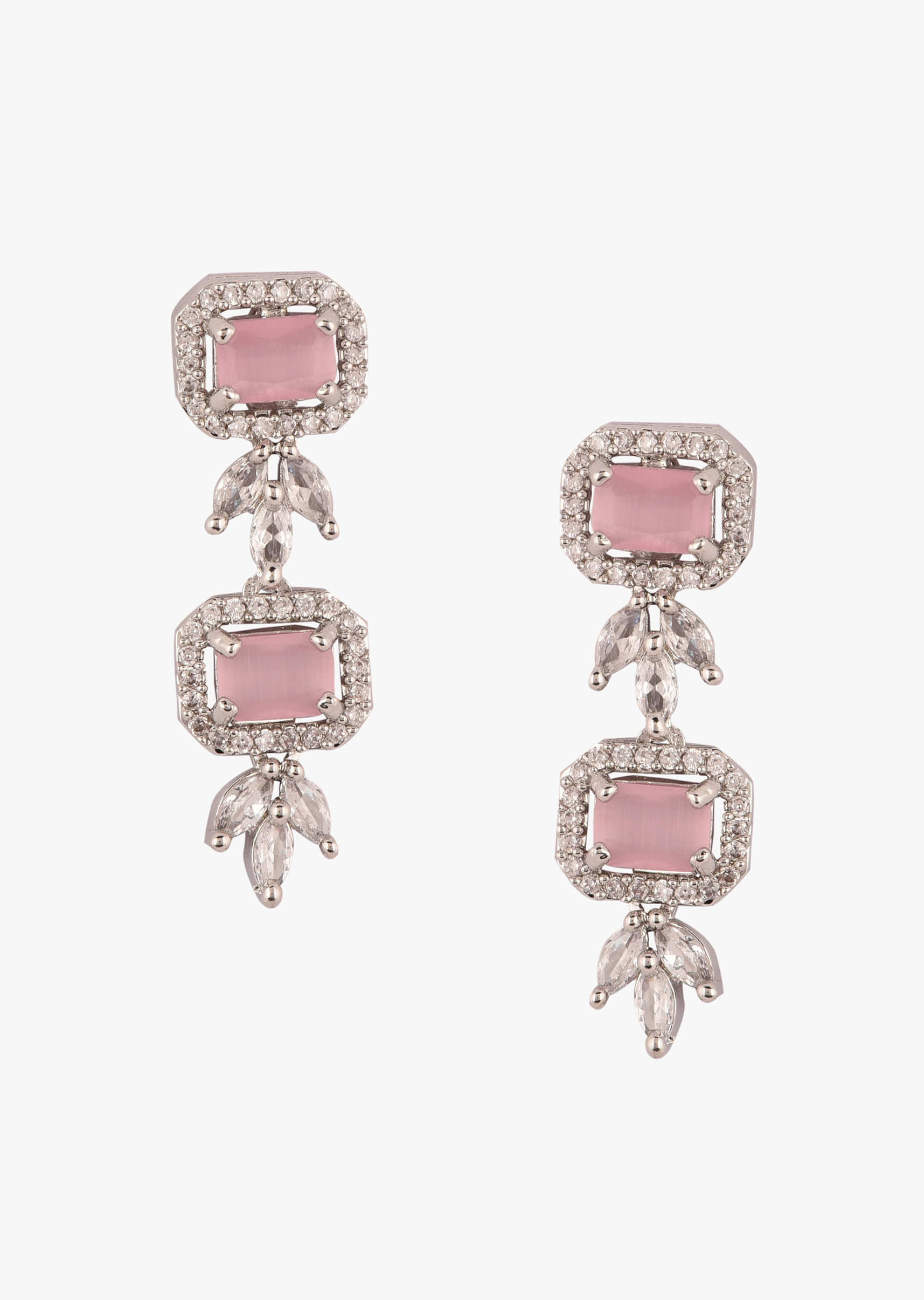 Silver Plated Diamond Jewelry Set With Baby Pink Stones