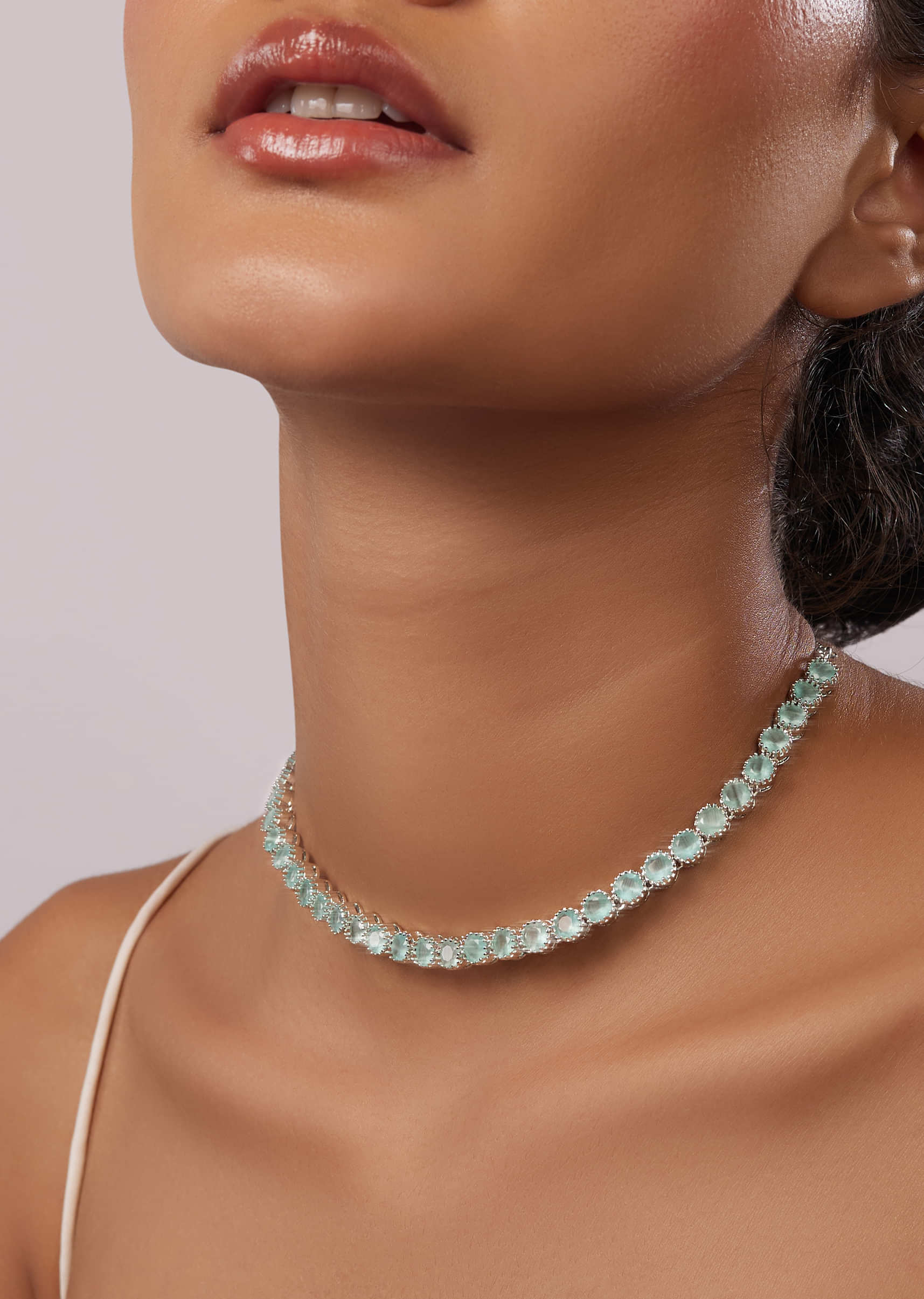 Silver Plated Jewel Neckband Set With Green Stones