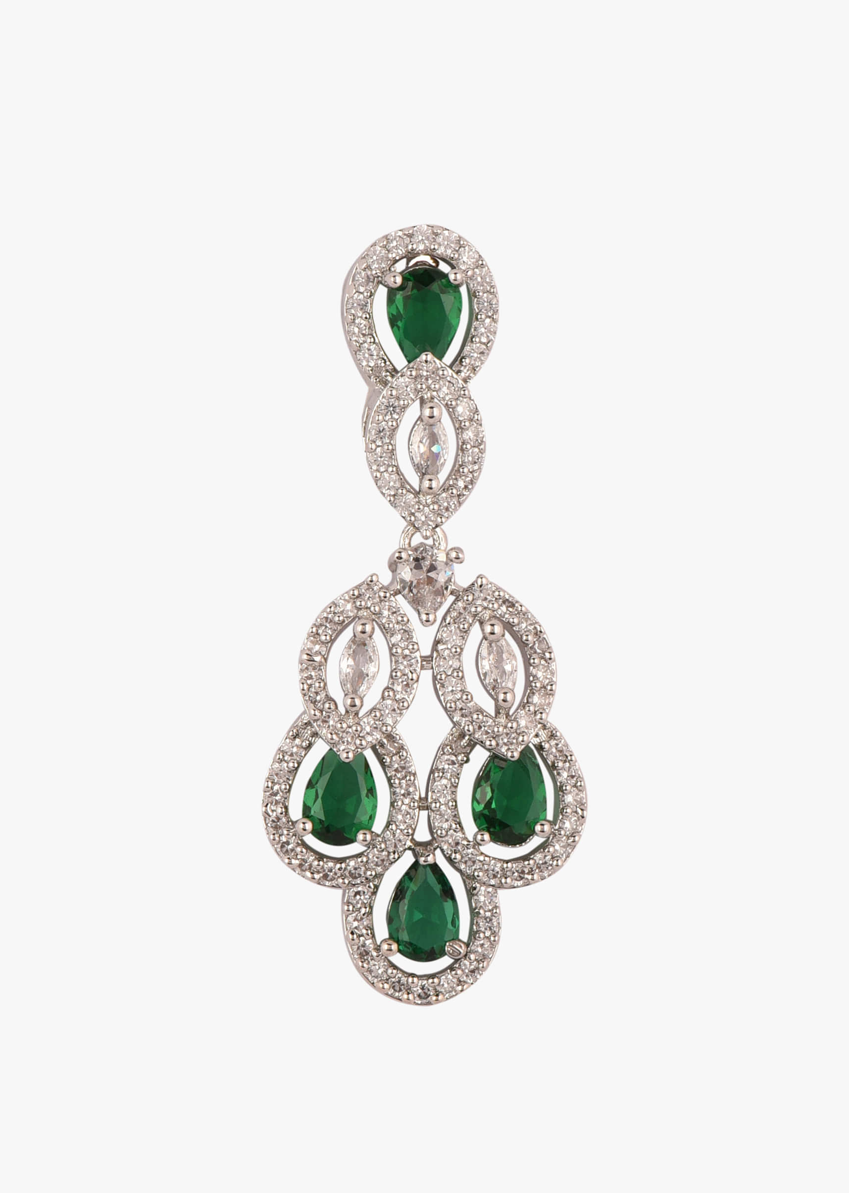 Silver Plated Diamond Necklace Set With Green Stones
