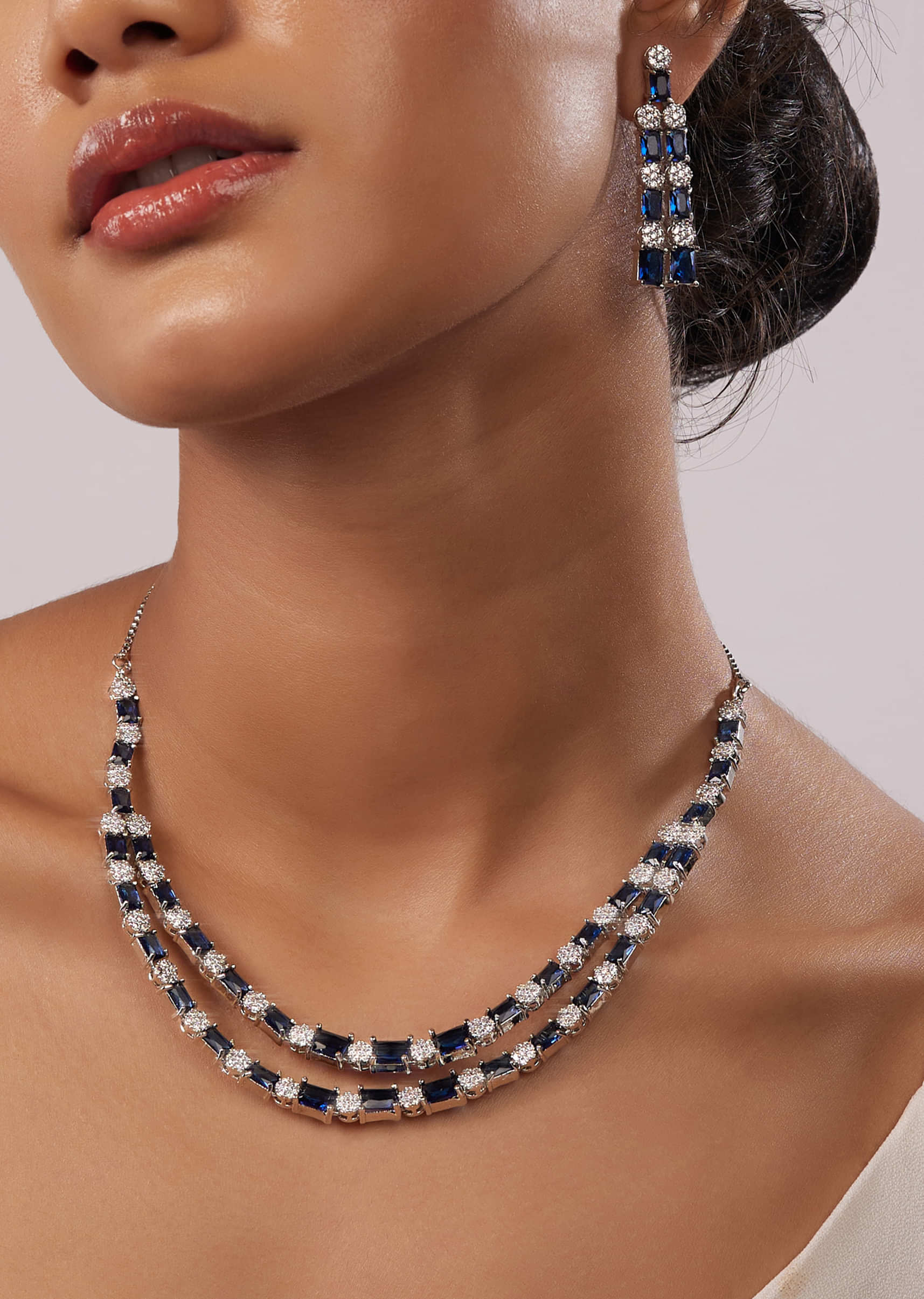 Silver Plated Diamond Necklace Set With Navy Blue Stones