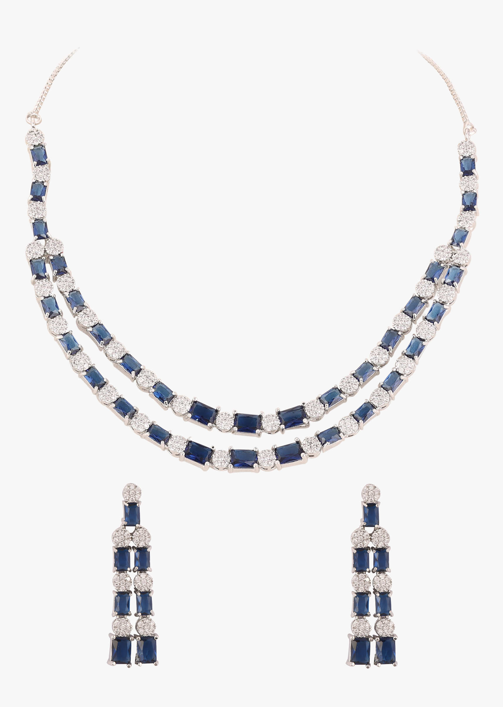 Silver Plated Diamond Necklace Set With Navy Blue Stones