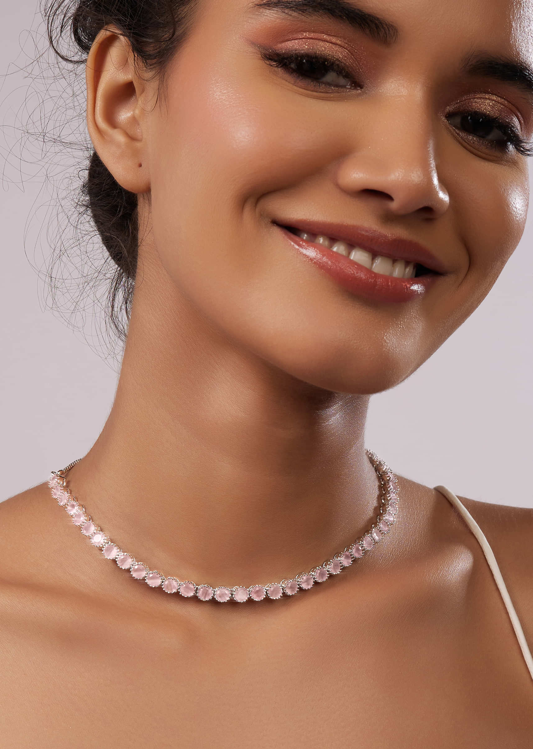 Silver Plated Diamond Necklace Set With Pink Stones