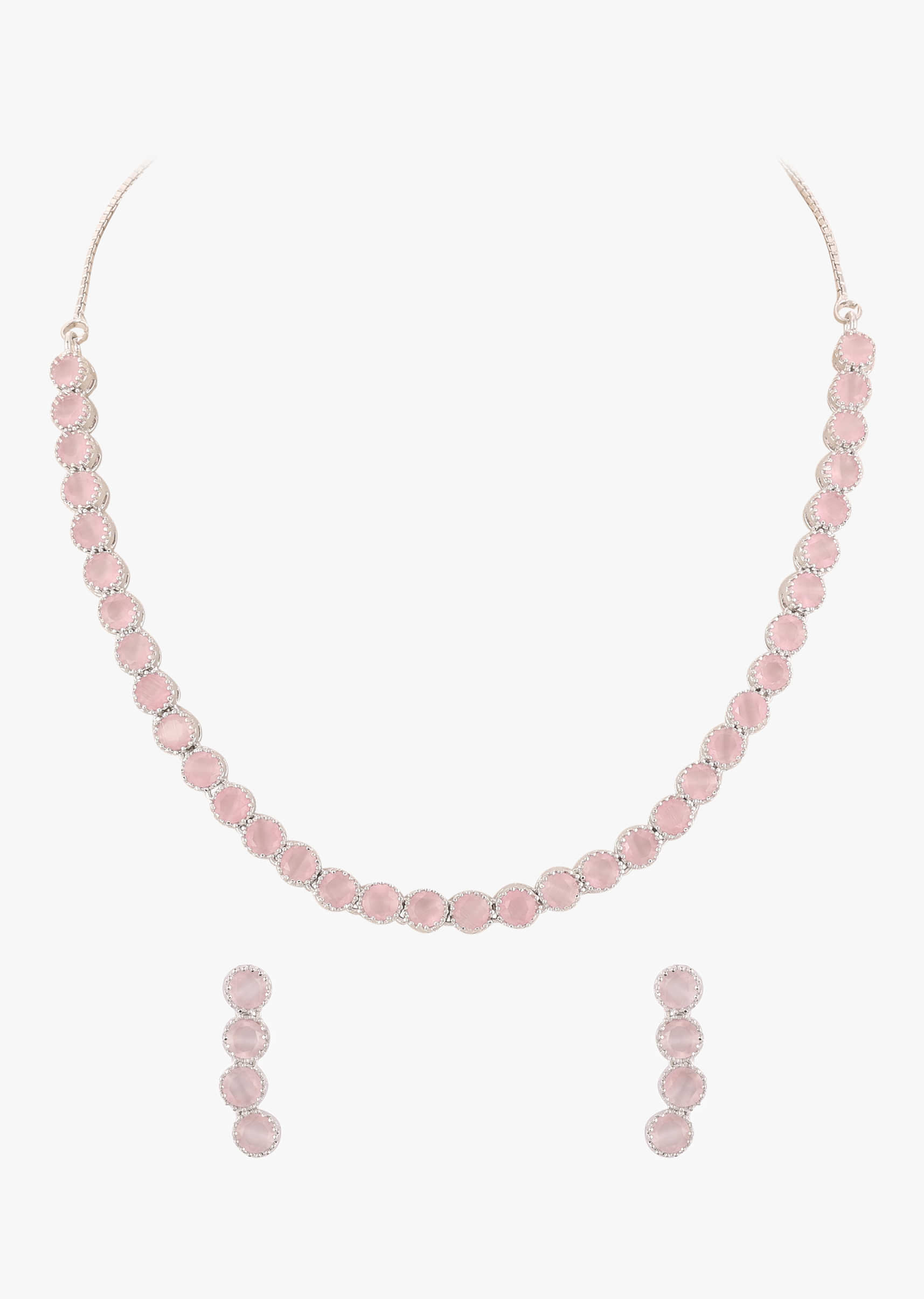 Silver Plated Diamond Necklace Set With Pink Stones