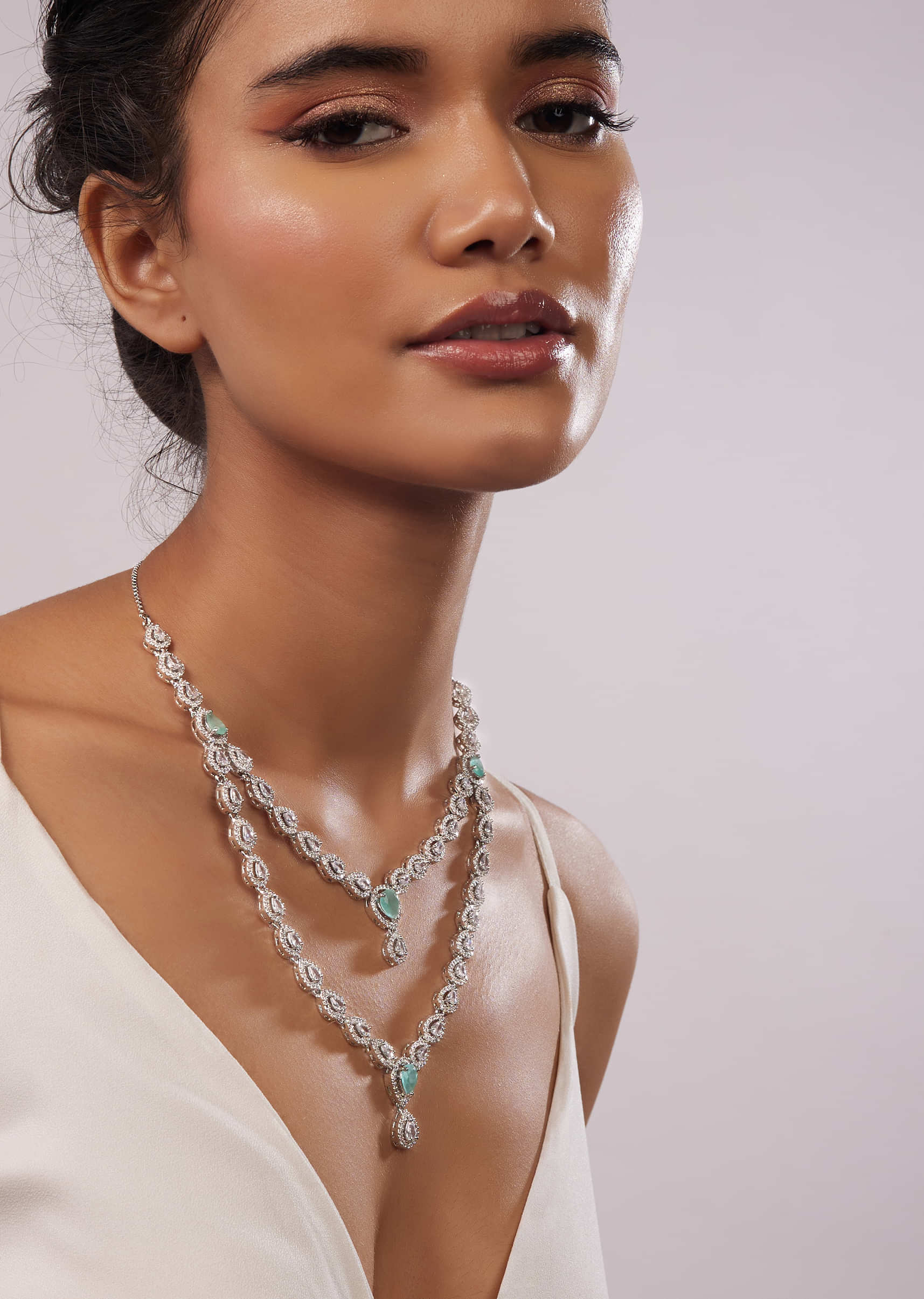 Silver Plated Diamond Two-Tier Necklace Set With Dusty Blue Stones