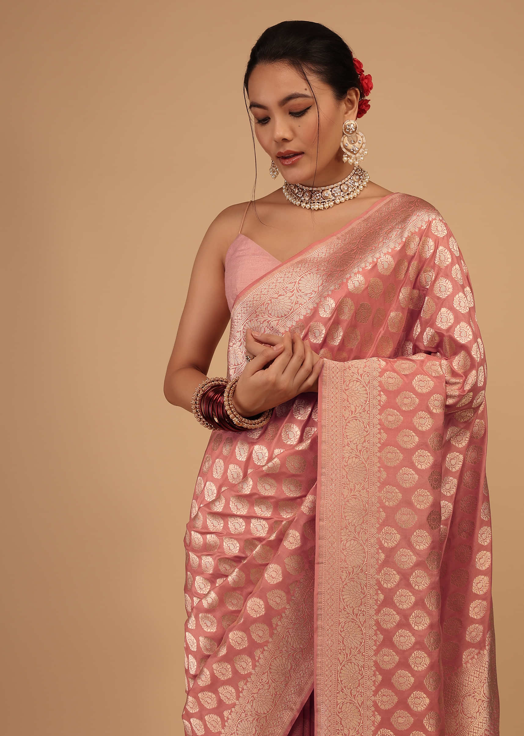Strawberry Peach Saree In Pure Banarasi Silk With Upada Zari Weave Butti Work