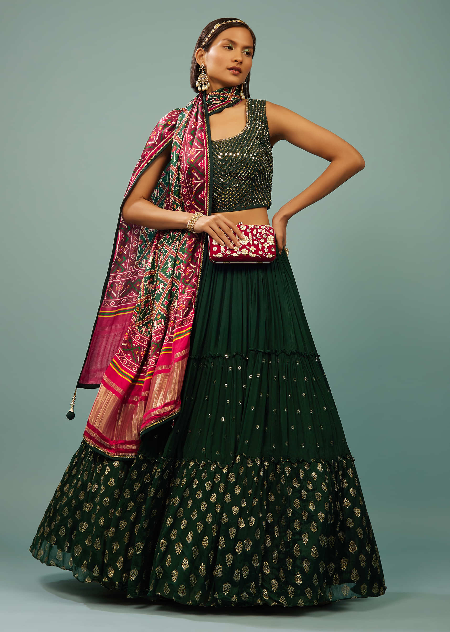 Kalki Sycamore Green Tiered Lehenga Choli Set In Georgette With Embroidery