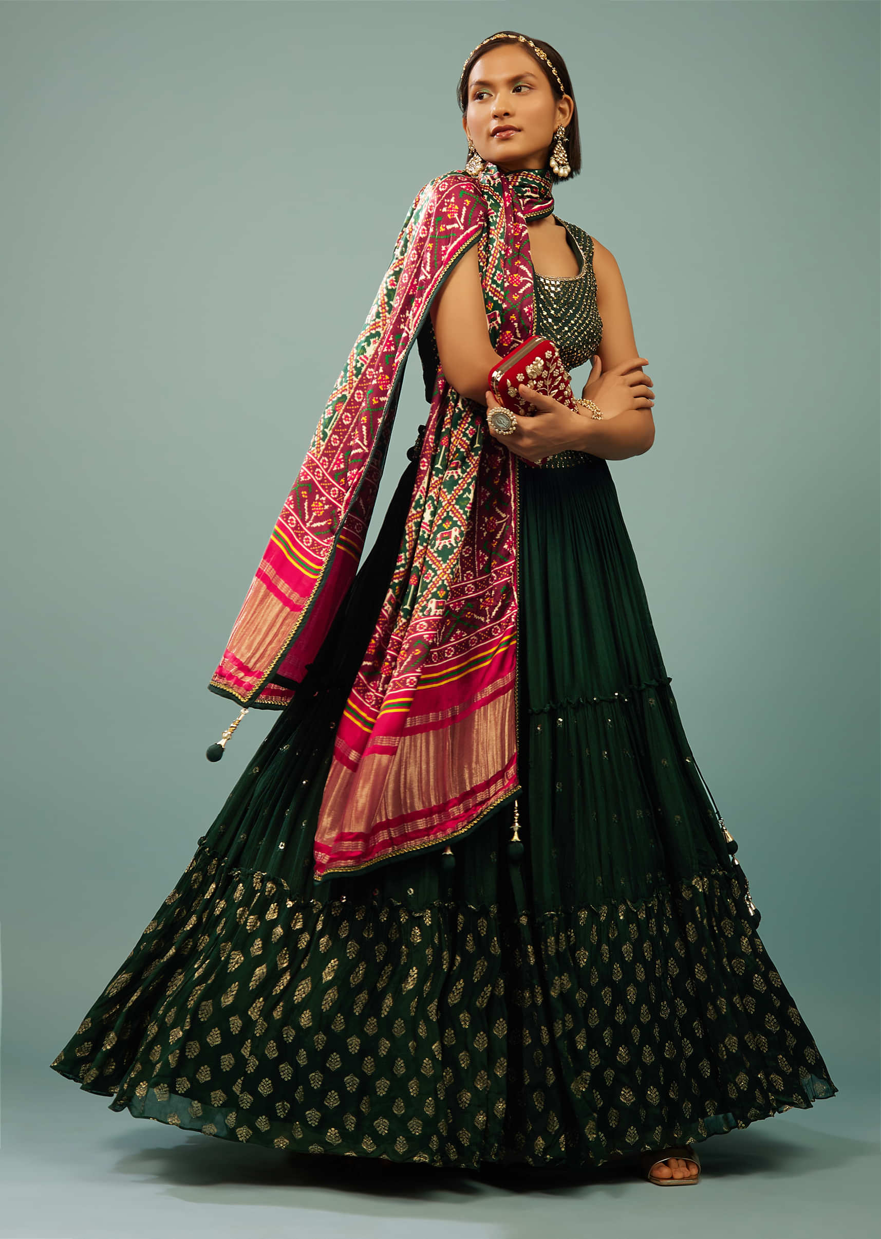 Deep Green Tiered Lehenga Choli Set In Georgette With Embroidery