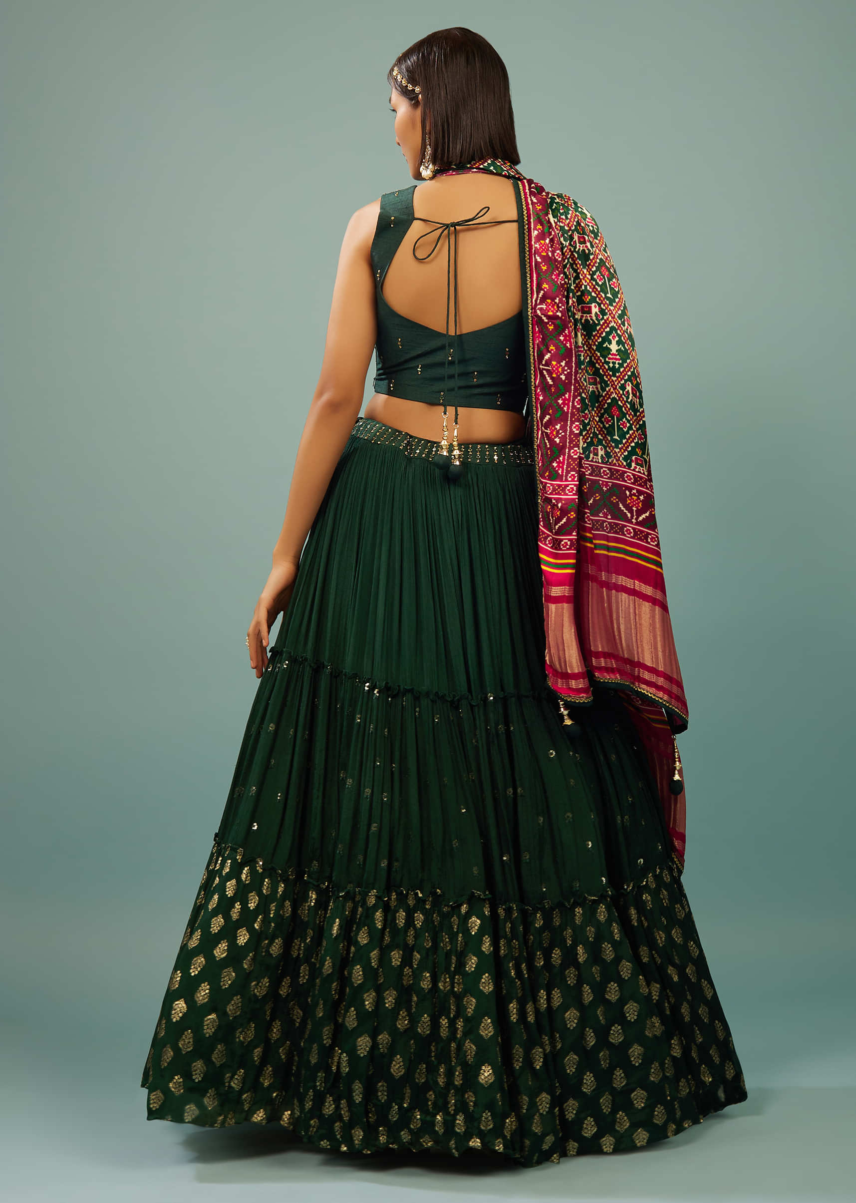 Deep Green Tiered Lehenga Choli Set In Georgette With Embroidery