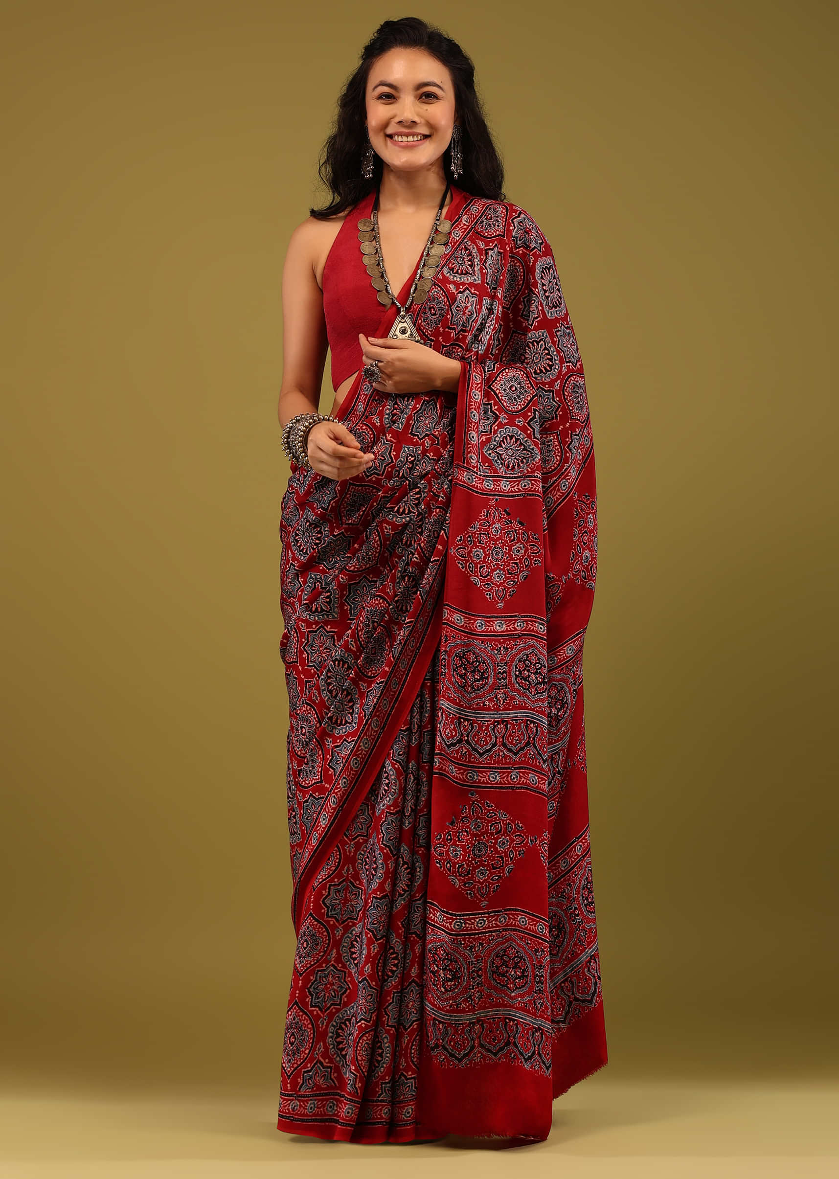 Cherry Red Saree In Satin With Ajrakh Handblock Floral Print