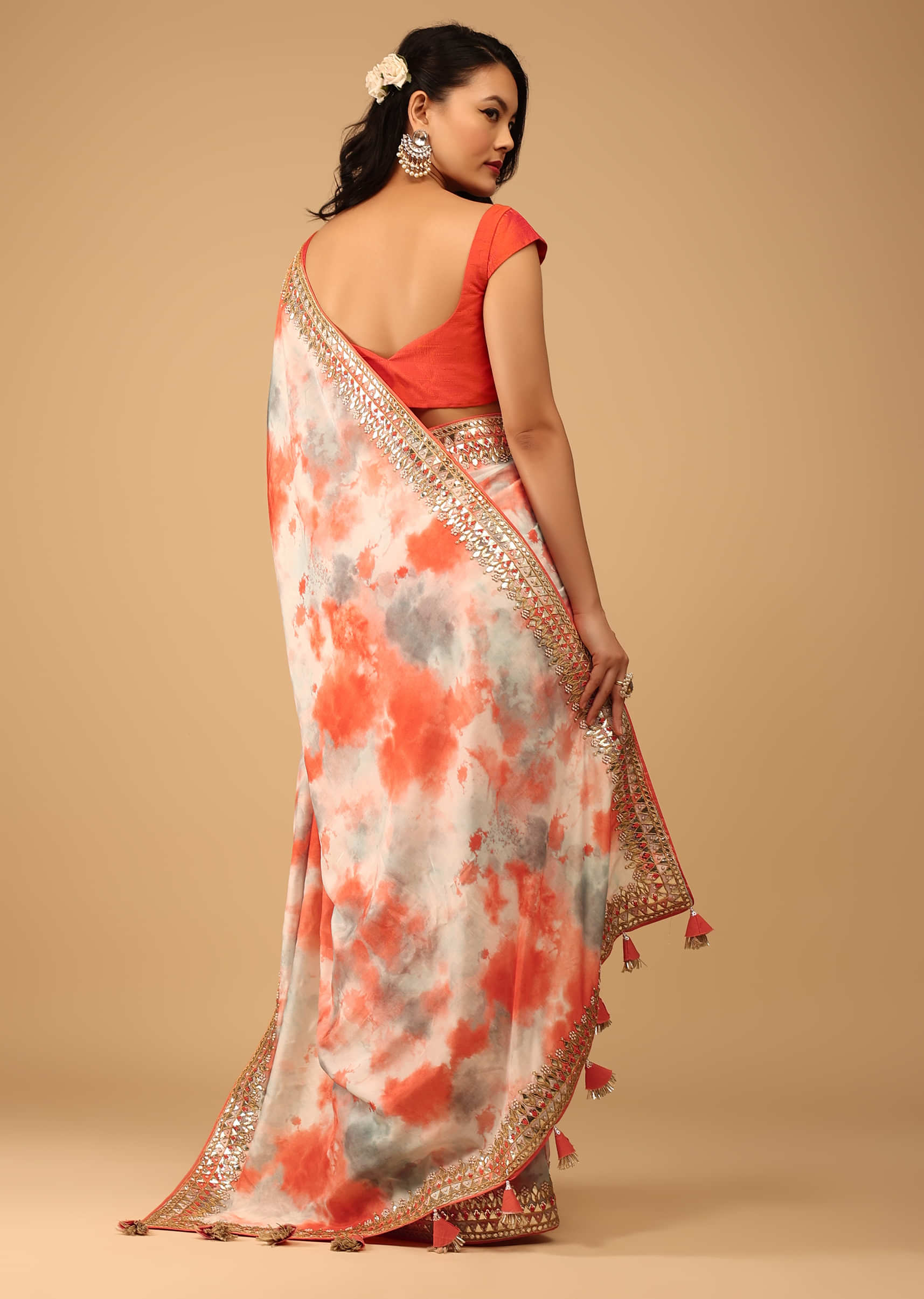 Tie-Dye Muslin Saree In Orange, White & Grey Shades With Embroidery