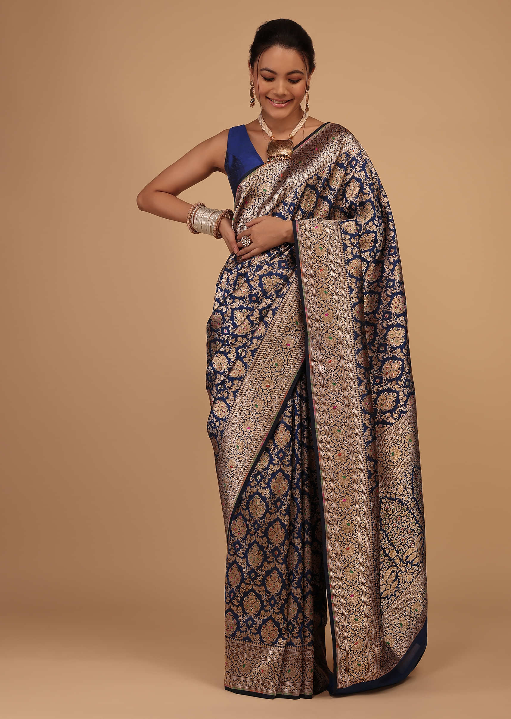 Kalki True Blue Saree In Pure Banarasi Silk With Upada Zari Weave In Floral Jaal Work