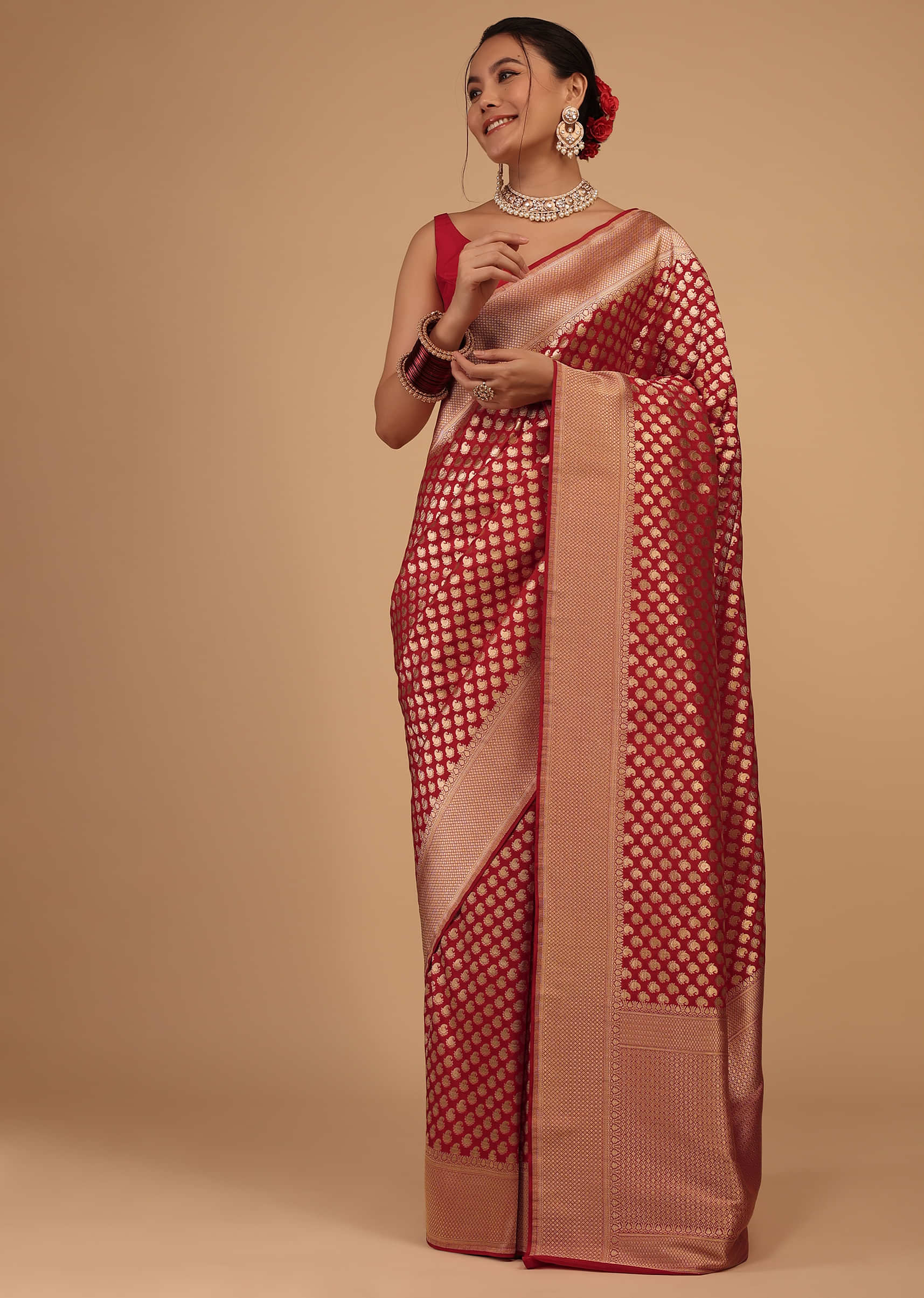Kalki True Red Saree In Pure Banarasi Silk With Upada Zari Weave Butti Work