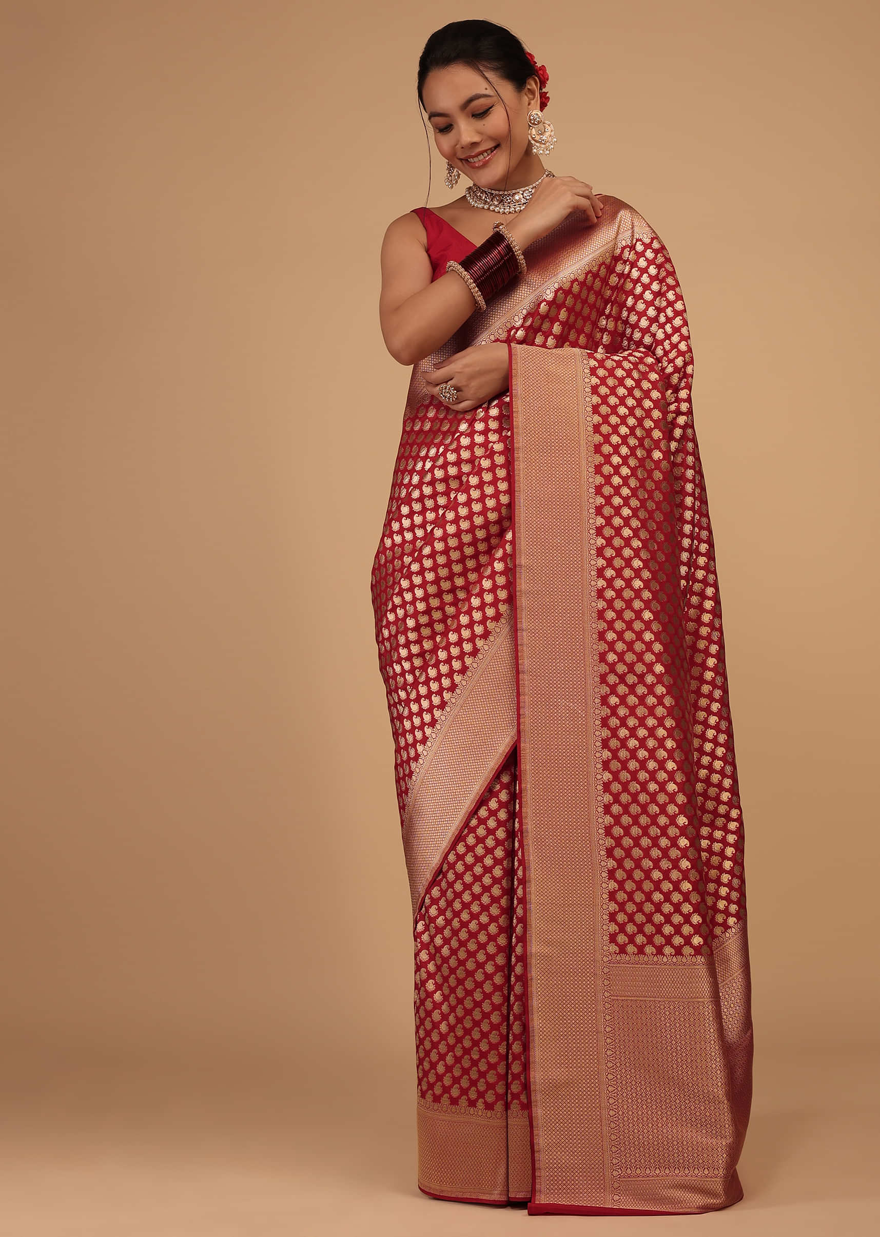 Fiery Red Saree In Pure Banarasi Silk With Upada Zari Weave Butti Work