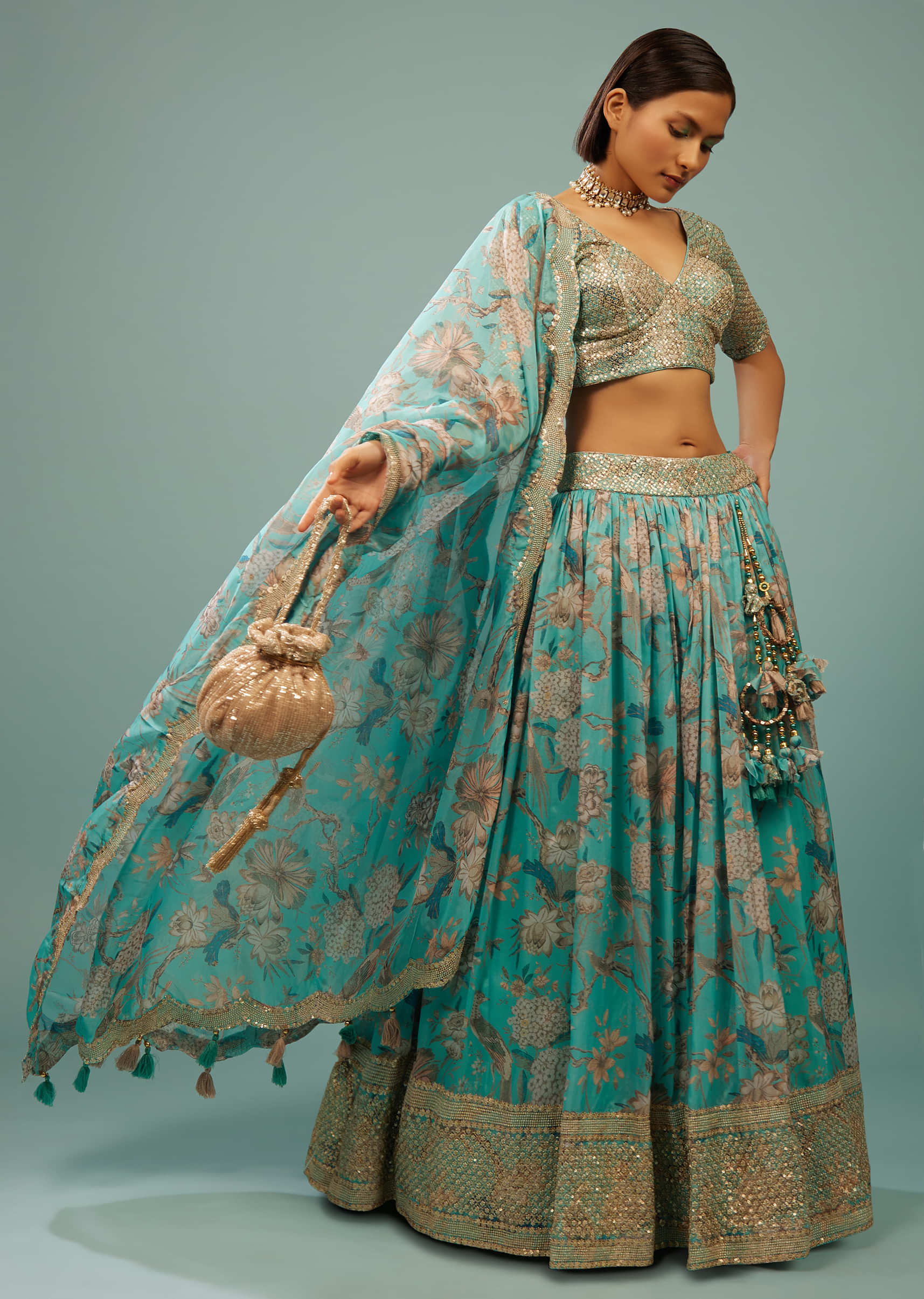 Kalki Turquoise Blue Lehenga Choli Set In Organza With Print & Embroidery