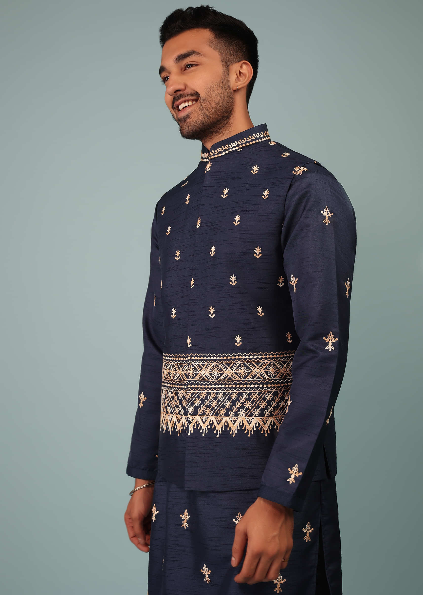 Persian Blue Bandi Jacket Set In Raw Silk With Floral Butti & Aari Embroidery