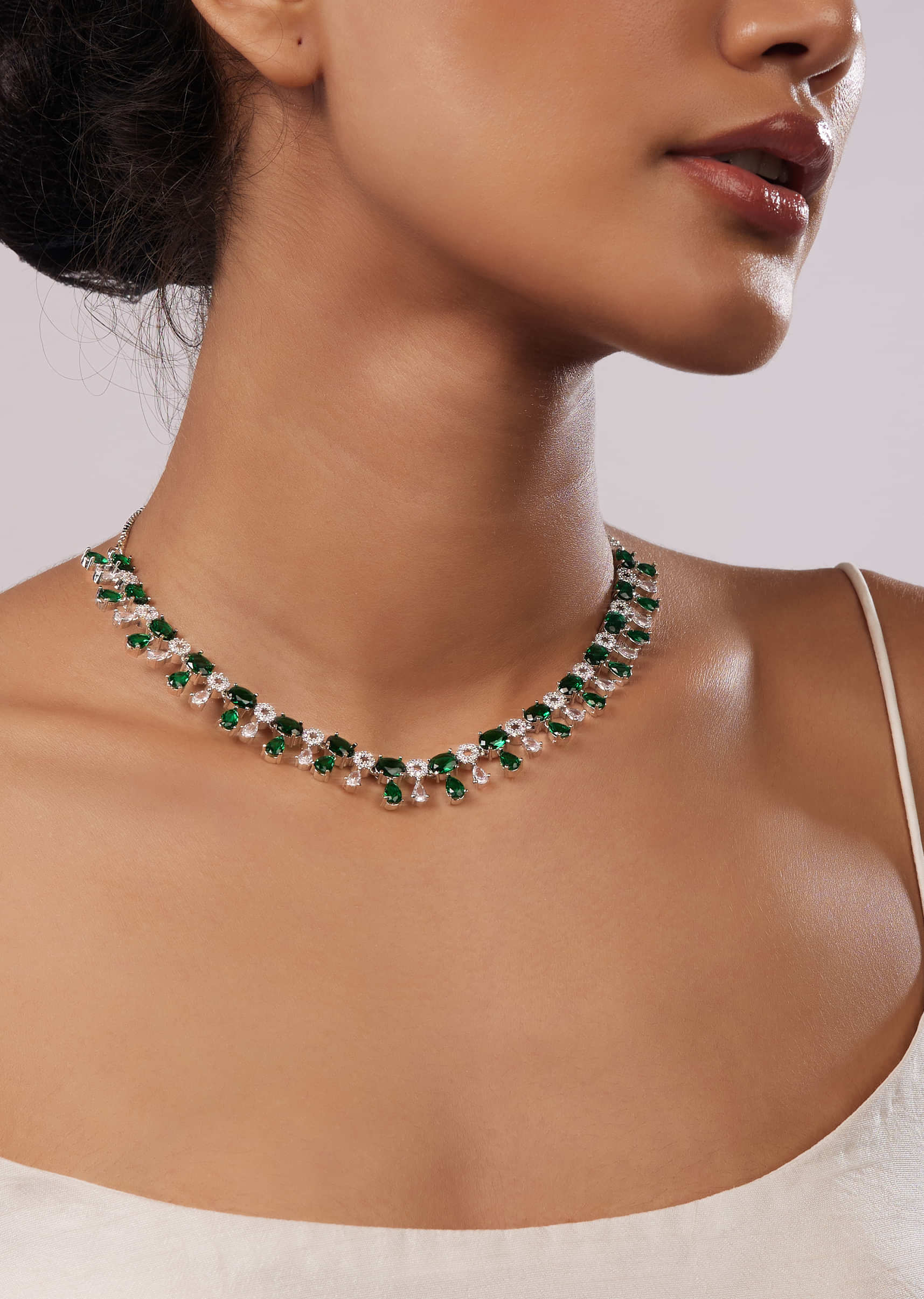 Two-Tier Diamond Necklace Set In Silver Plating With Emerald Stones