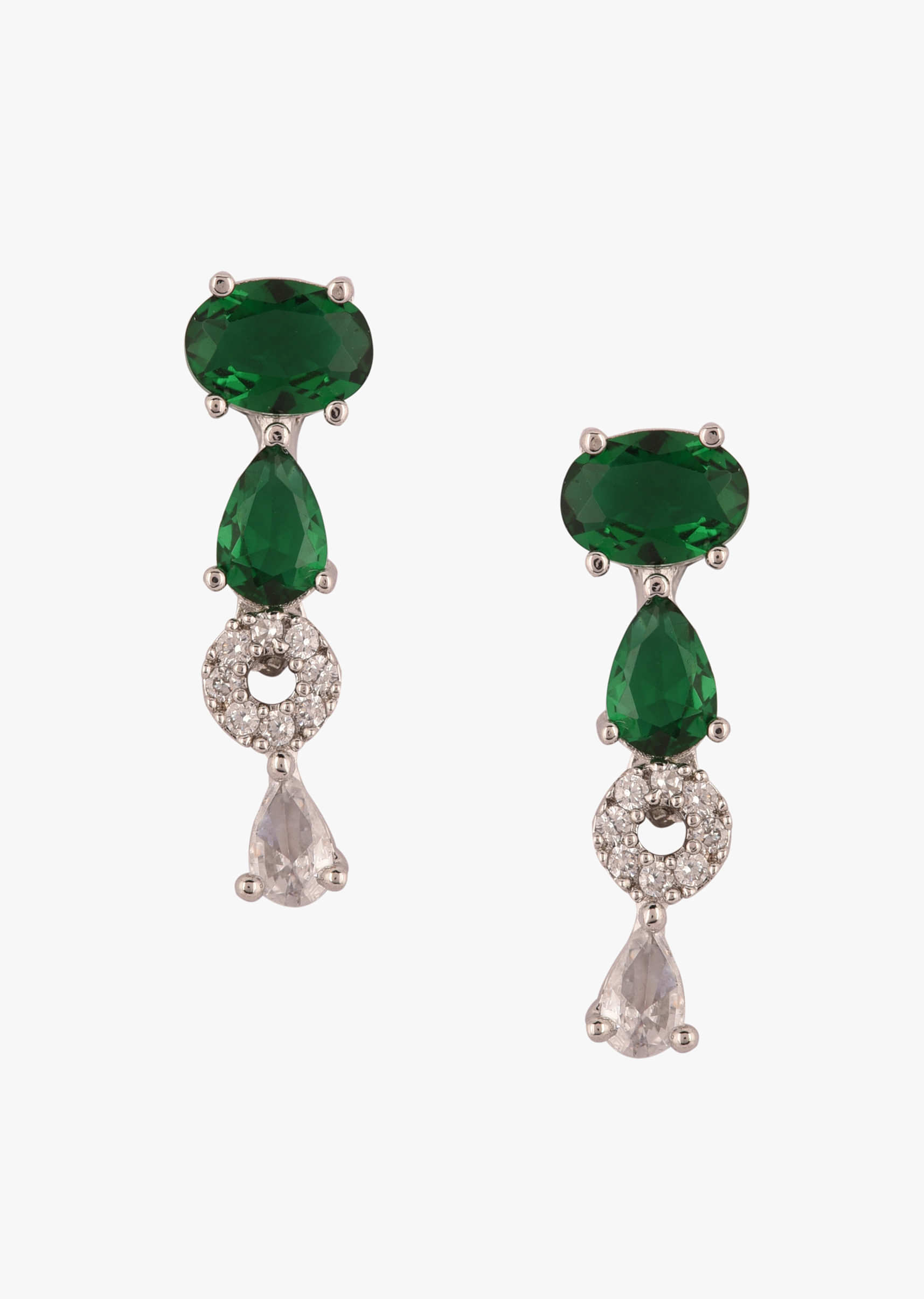 Two-Tier Diamond Necklace Set In Silver Plating With Emerald Stones