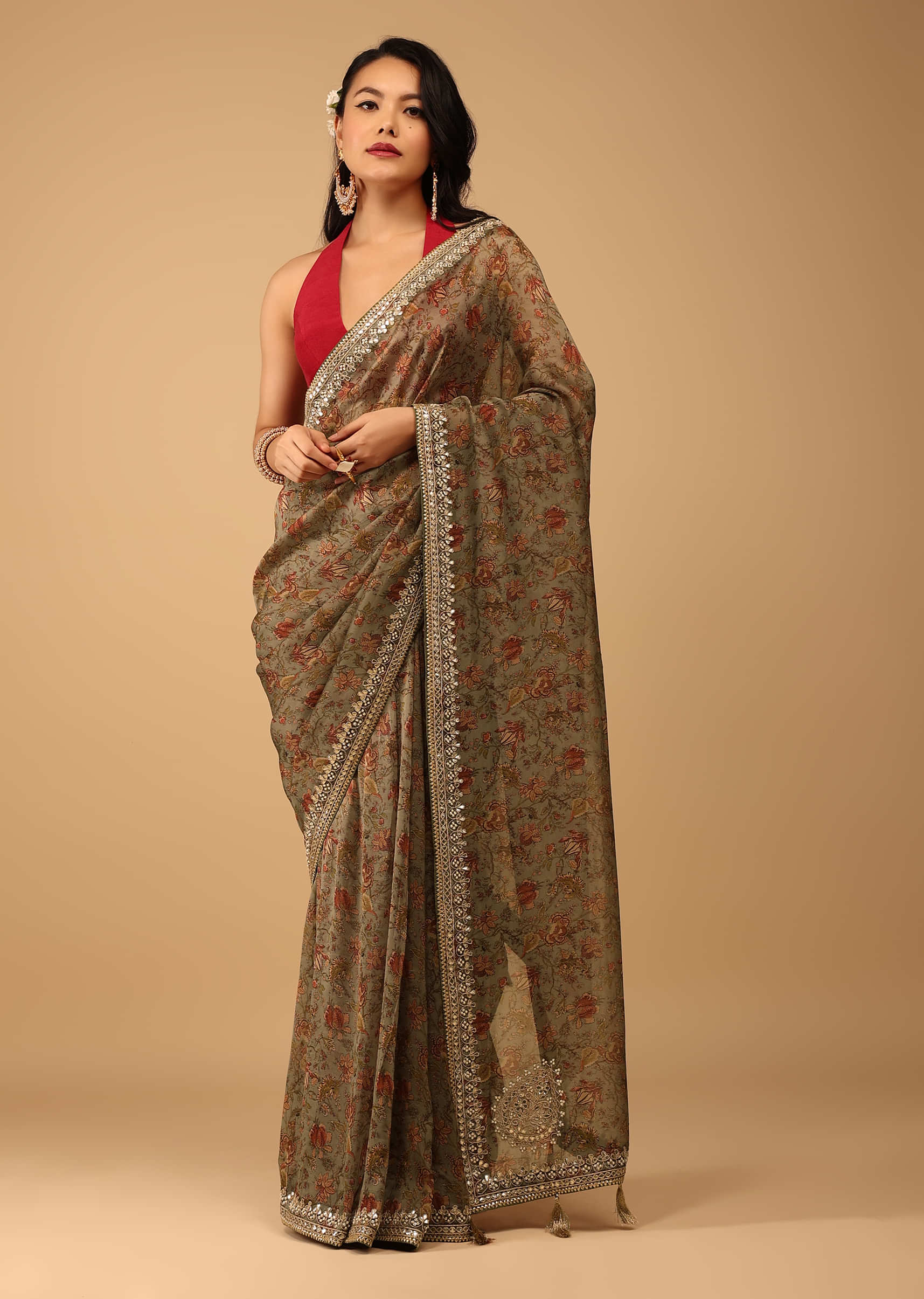 Kalki Vetiver Green Saree In Crepe With Floral Handblock Print And Embroidery