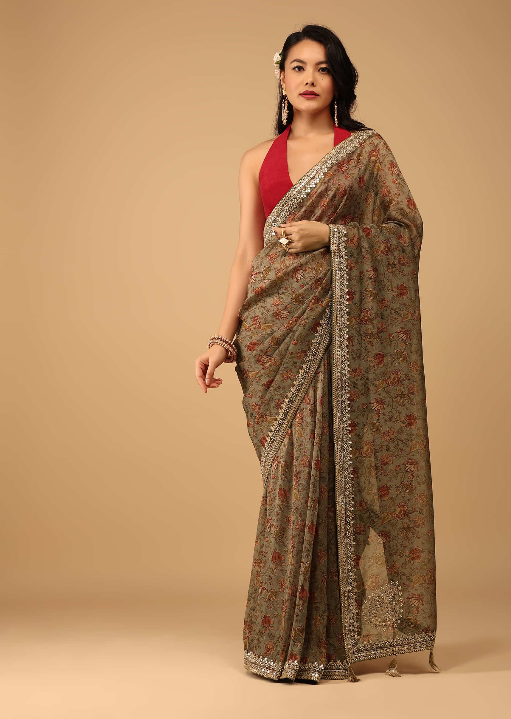 Green Floral Saree In Crepe With Embroidery