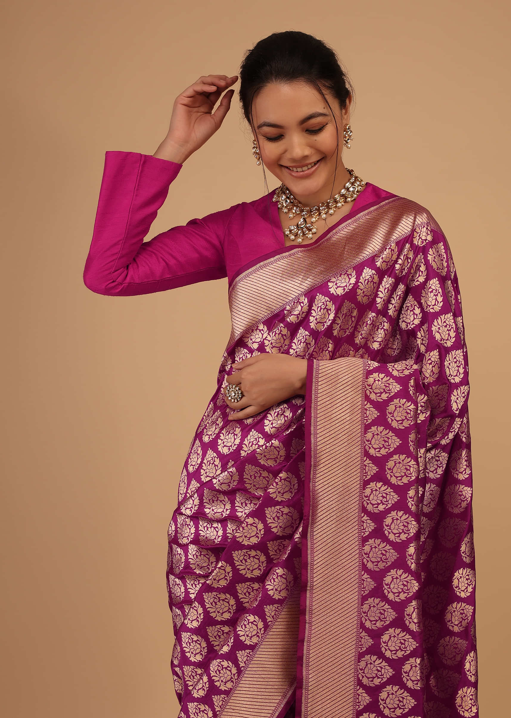 Plum Purple Saree In Pure Banarasi Silk With Upada Zari Weave Floral Butti Work
