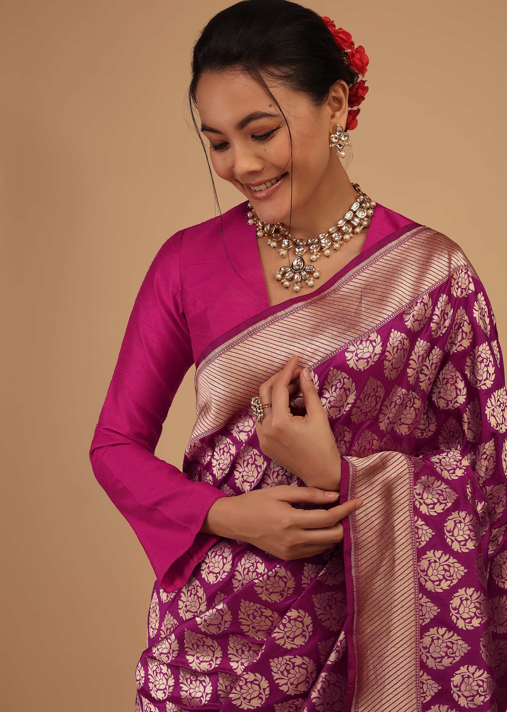 Plum Purple Saree In Pure Banarasi Silk With Upada Zari Weave Floral Butti Work