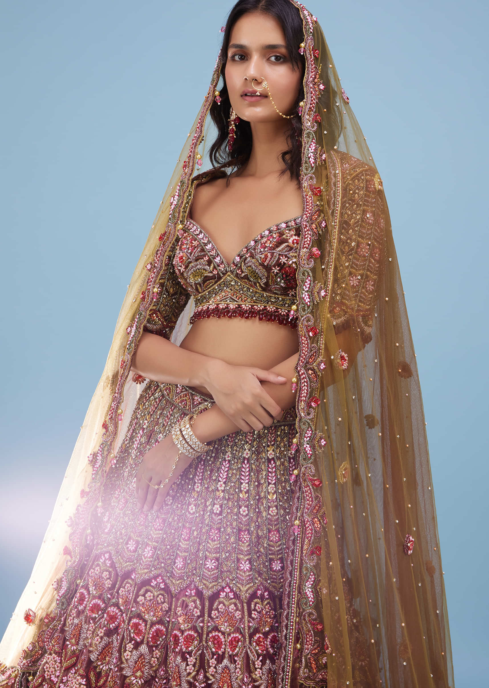 Chocolate Brown Maharani Bridal Lehenga Fabricated In Velvet With Heavy Floral Embroidery - NOOR 2022