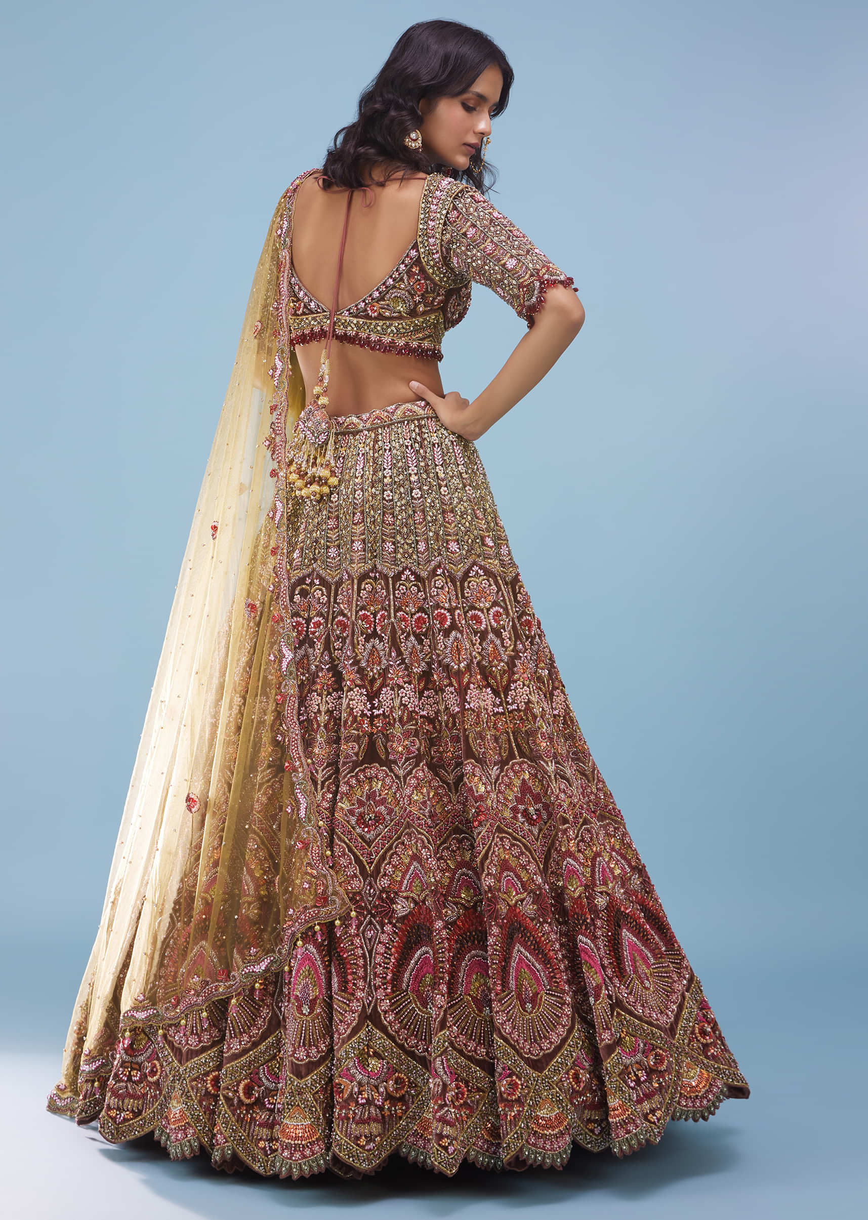 Chocolate Brown Maharani Bridal Lehenga In Velvet With Heavy Floral Embroidery - NOOR 2022