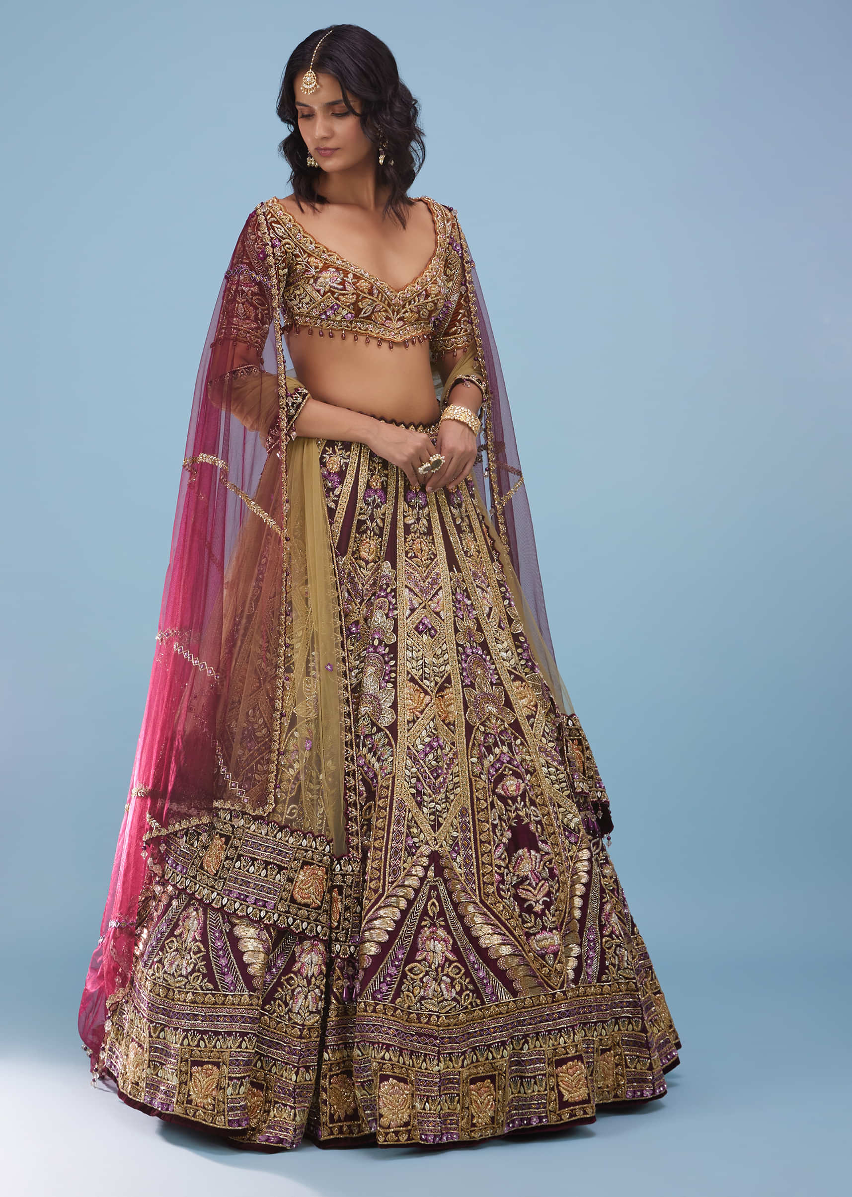 Wine Red Queenly Bridal Lehenga In Velvet With Heavy Floral Embroidery - NOOR 2022